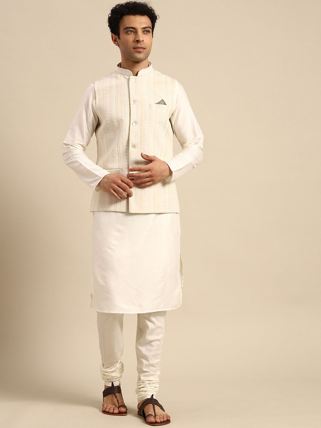 

Anouk Mandarin Collar Striped Printed Regular Straight Kurta with Churidar, White