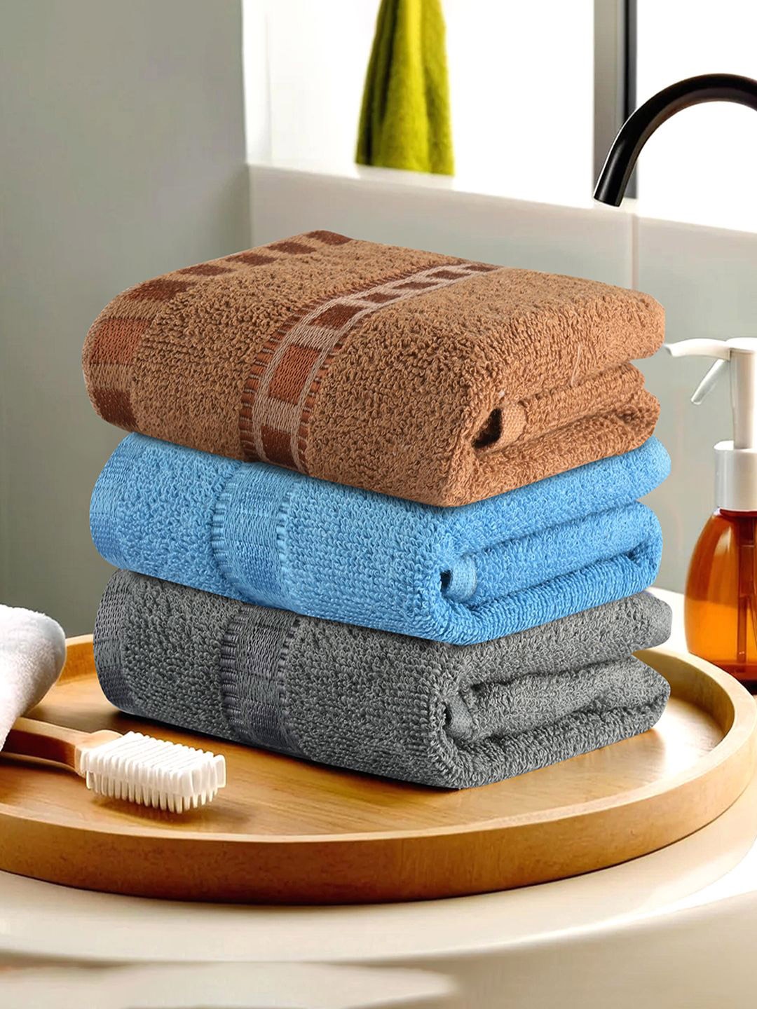 

Kuber Industries Grey & Blue 3 Pieces Cotton 225 GSM Anti Bacterial Face Towels