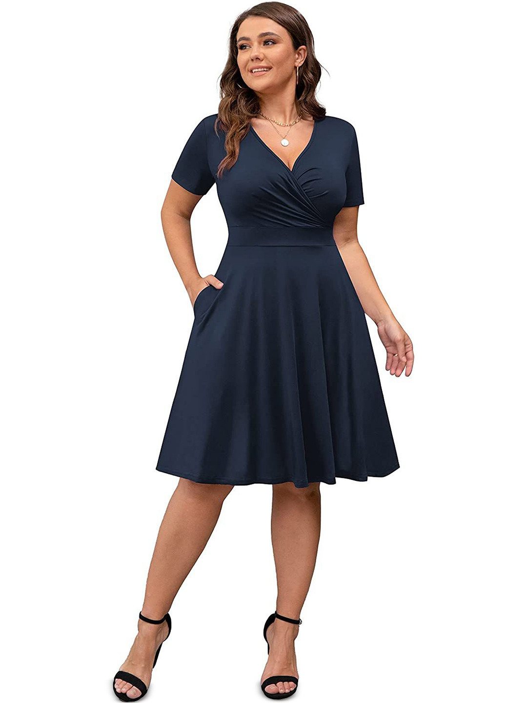 

Samsara Couture V-Neck Short Sleeves Fit & Flare Dress, Navy blue