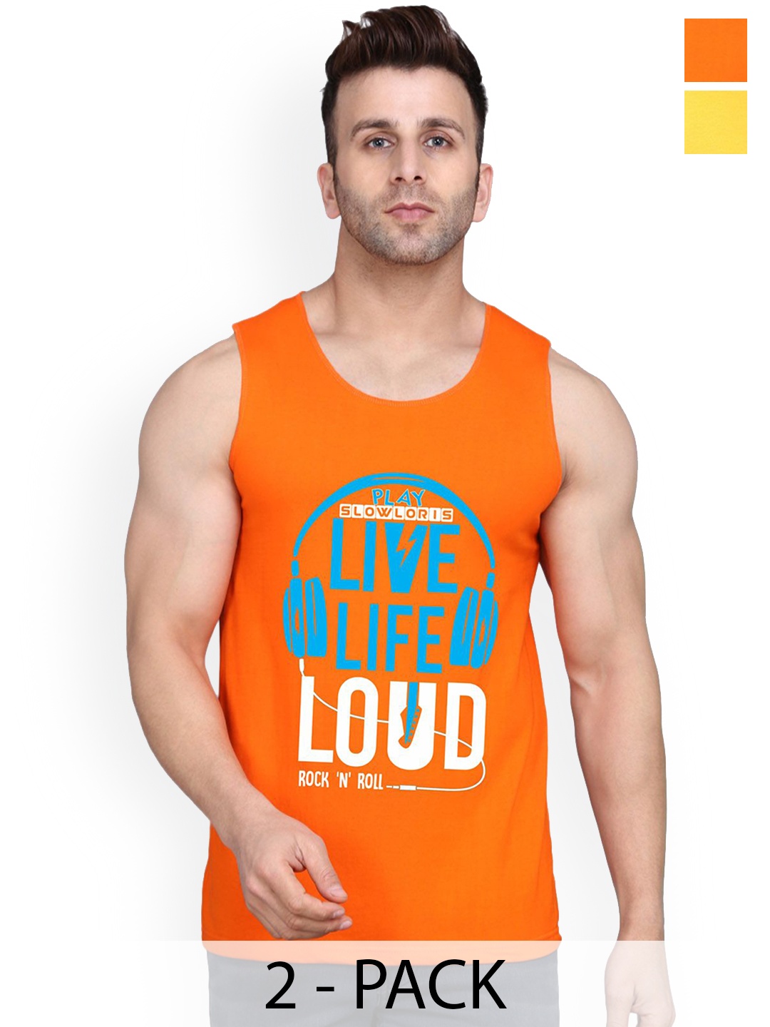 

SLOWLORIS Men Pack Of 2 Printed Gym Vests, Orange