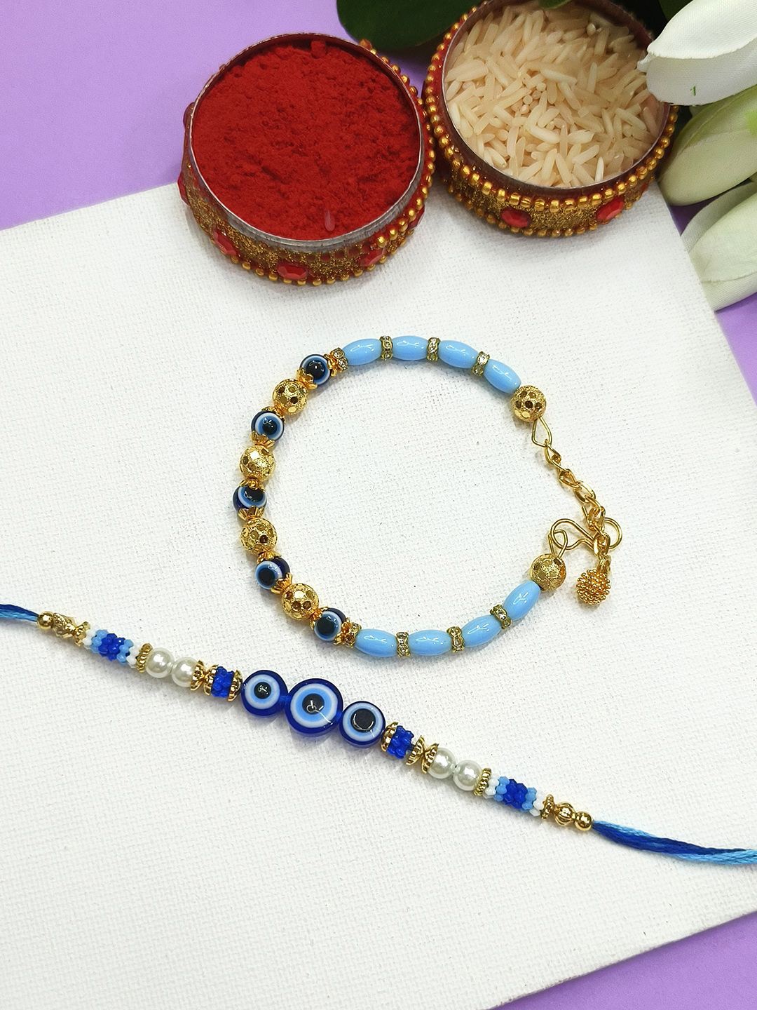

StileAdda Bhaiya Bhabhi Stones Studded & Beaded Thread Rakhis With Roli Chawal, Blue
