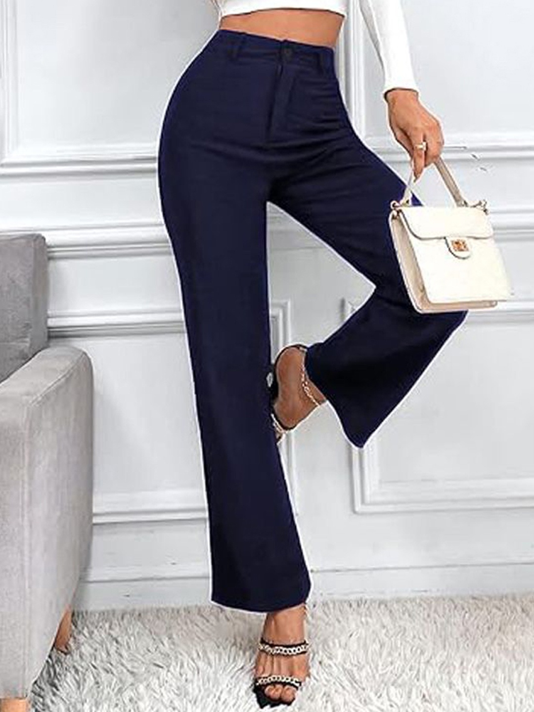 

BAESD Women Relaxed Straight Leg Straight Fit High-Rise Trousers, Blue