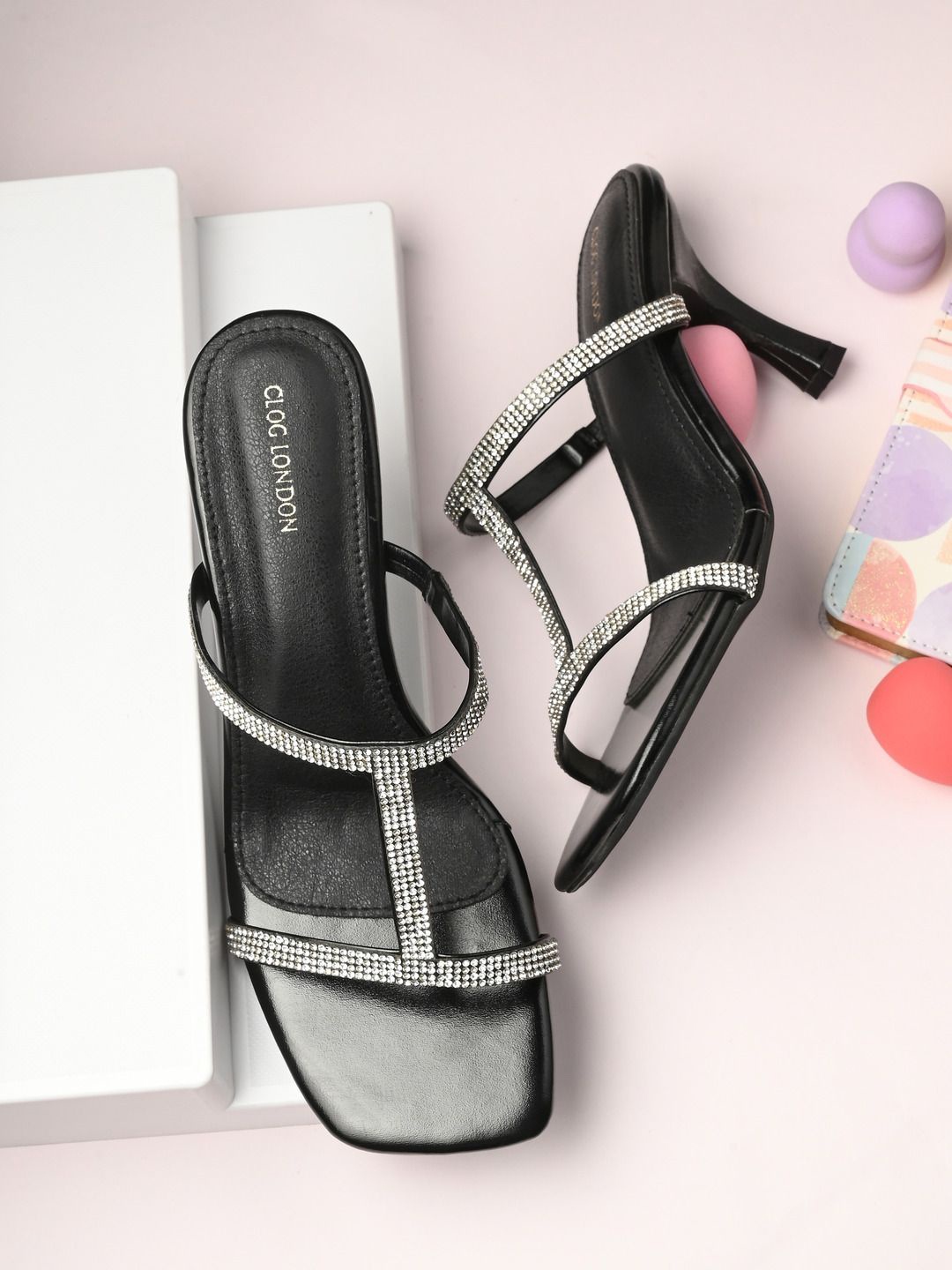 

CLOG LONDON Embellished Slim Heel Sandals, Black