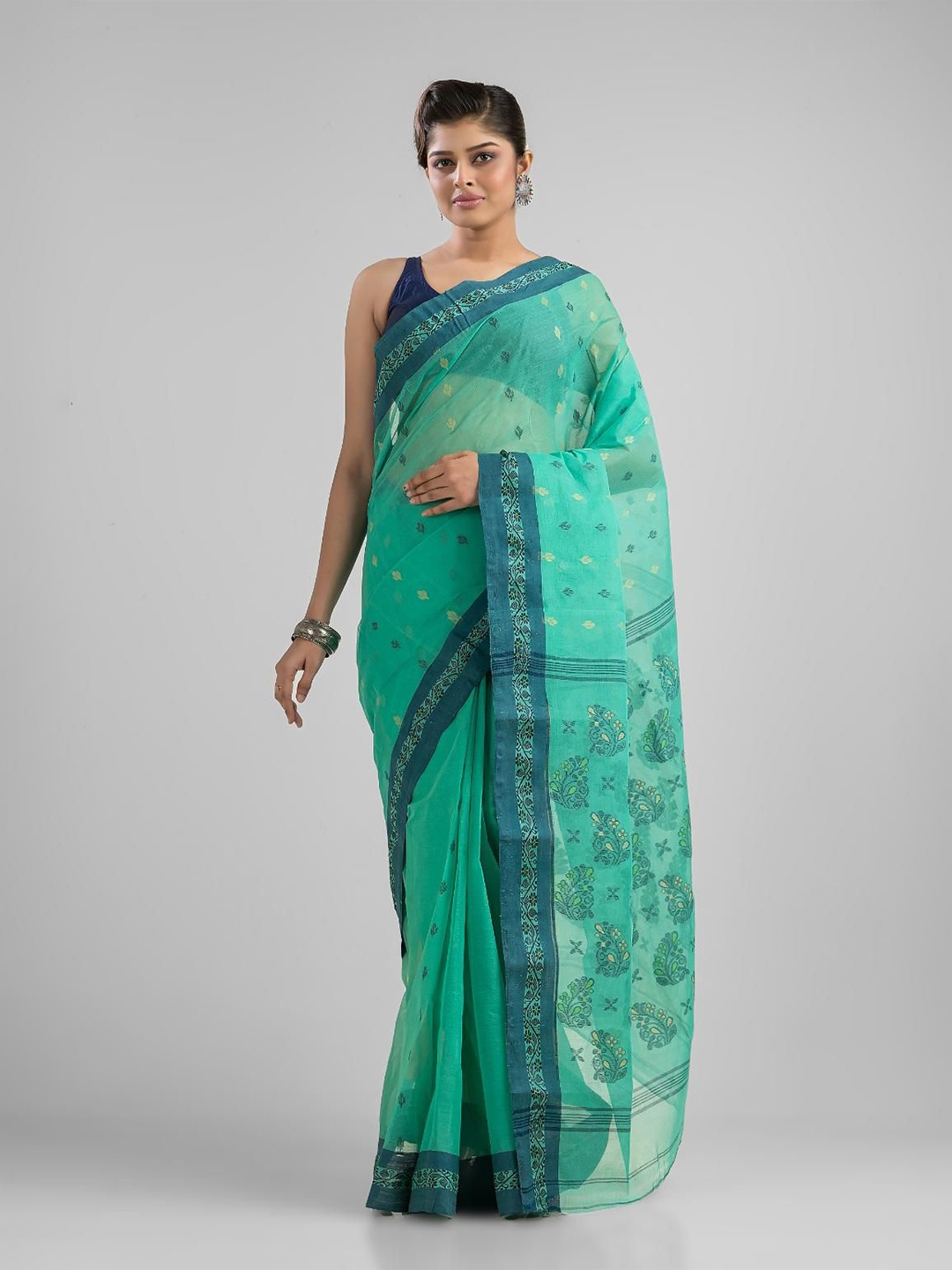 

SAJASAJO Ethnic Motifs Pure Cotton Fusion Saree, Sea green