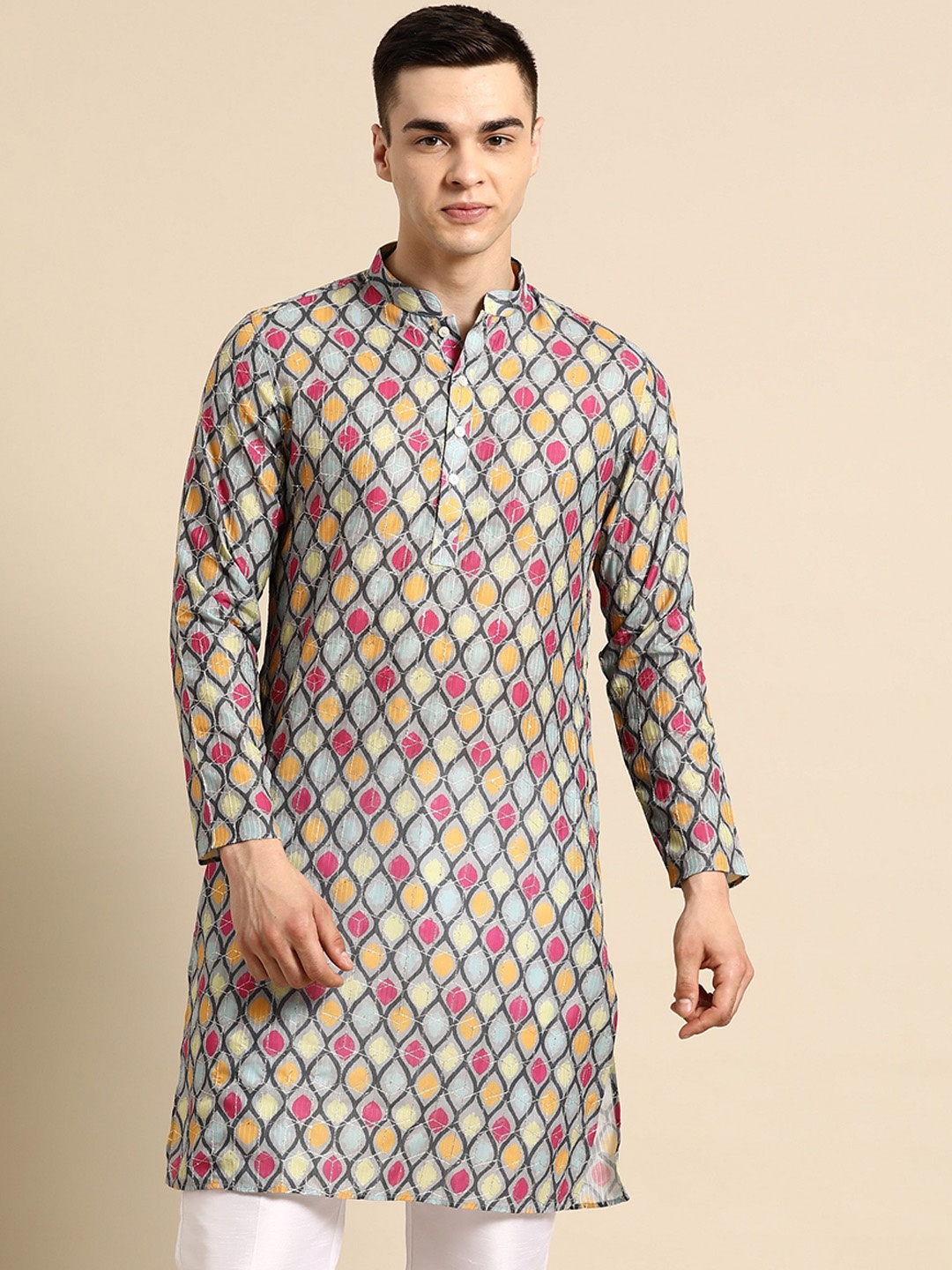 

Sayisha Geometric Printed Thread Work Mandarin Collar Straight Silk Kurta, Grey