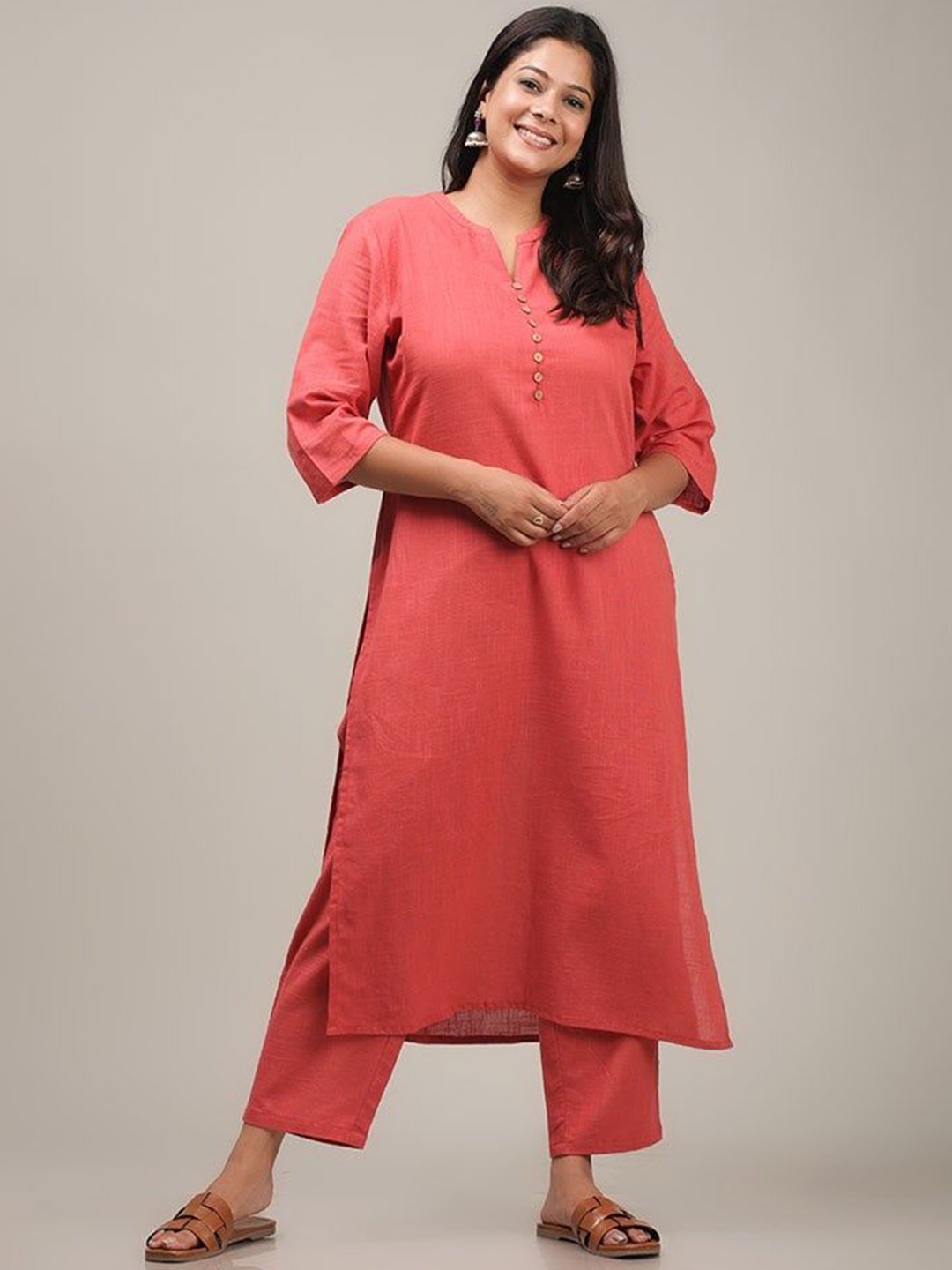 

Aramya Mandarin Collar Pure Cotton Straight Kurta with Trousers, Orange