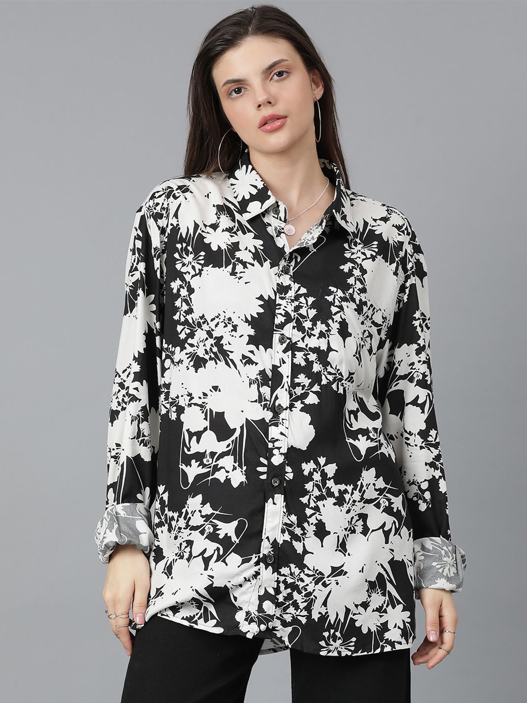 

Kotty Women Spread Collar Floral Printed Cotton Oversized Casual Shirt, White