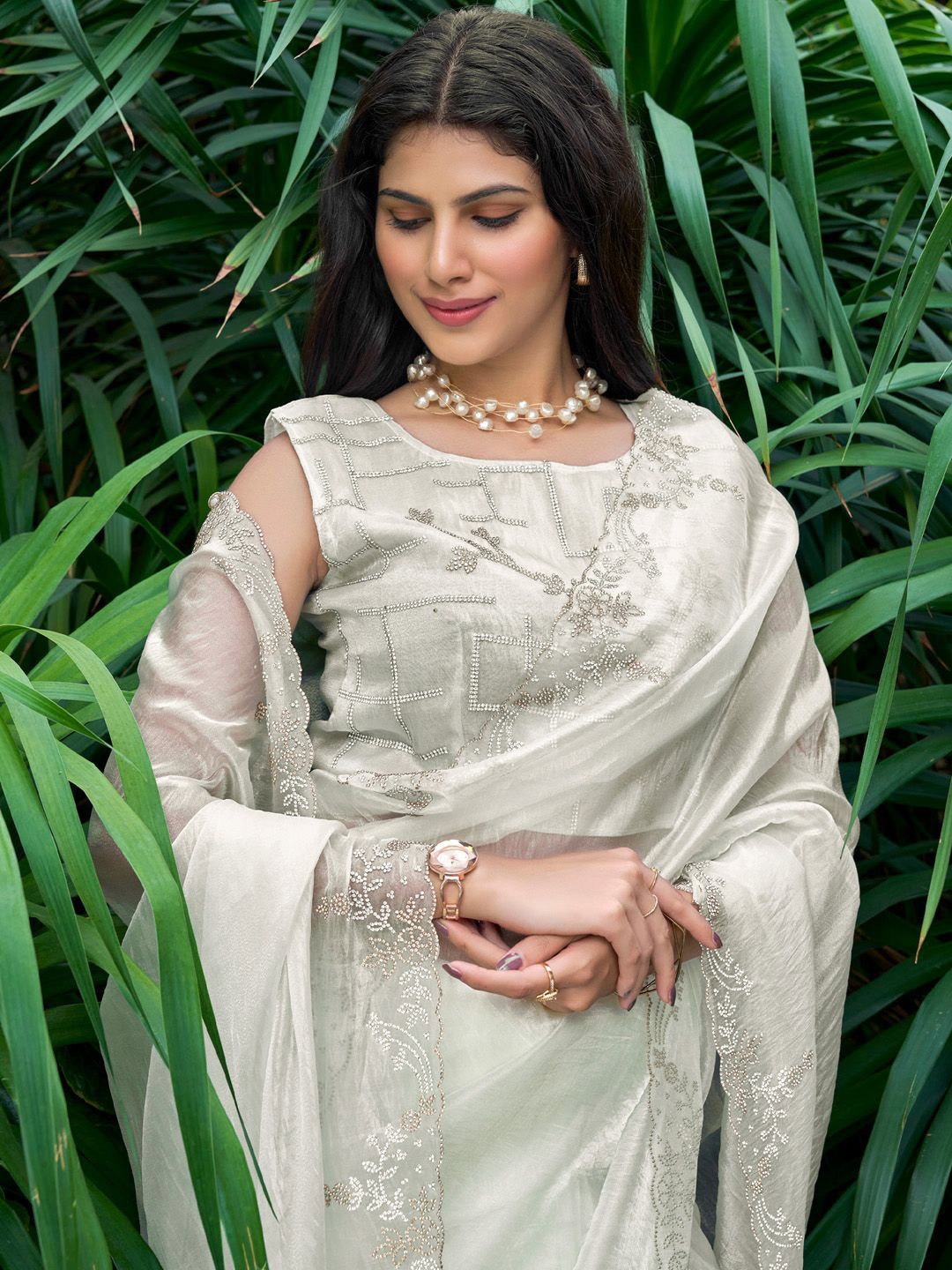 

Saree mall Solid Beads and Stones Organza Sarees, Off white