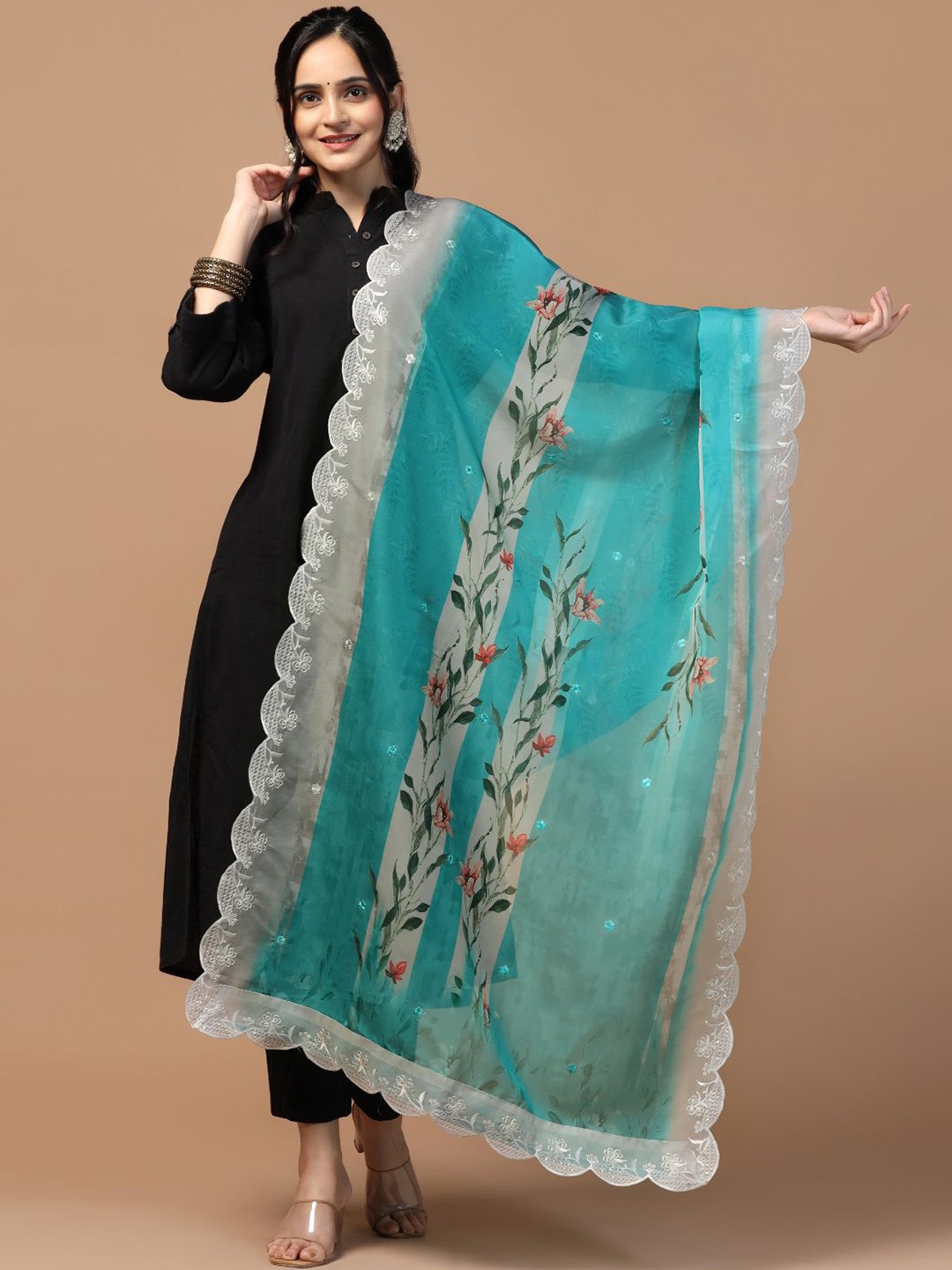 

Kaizen TEXO FAB Floral Printed Sequinned Organza Dupatta, Teal