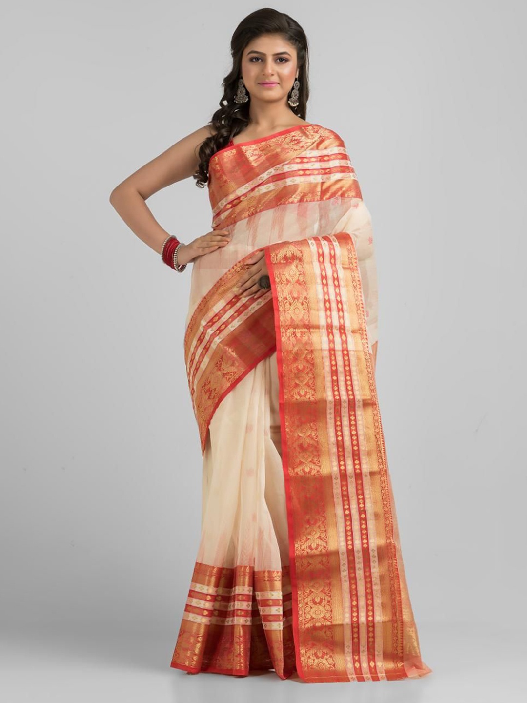 

SAJASAJO Woven Design Ethnic Motifs Zari Pure Cotton Saree, White