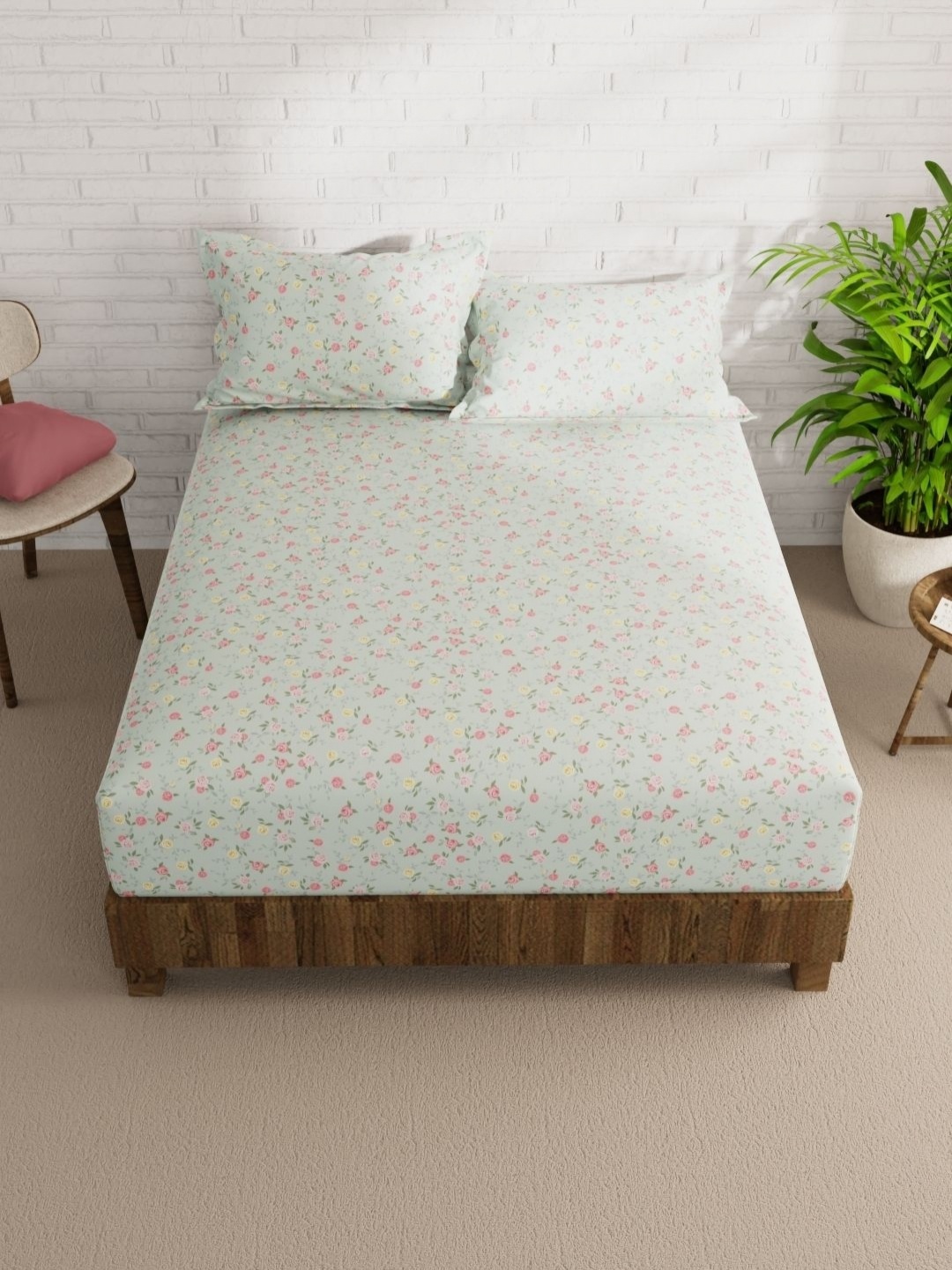 

KOPA Green & Pink Floral 152 TC Queen Bedsheet with 2 Pillow Covers