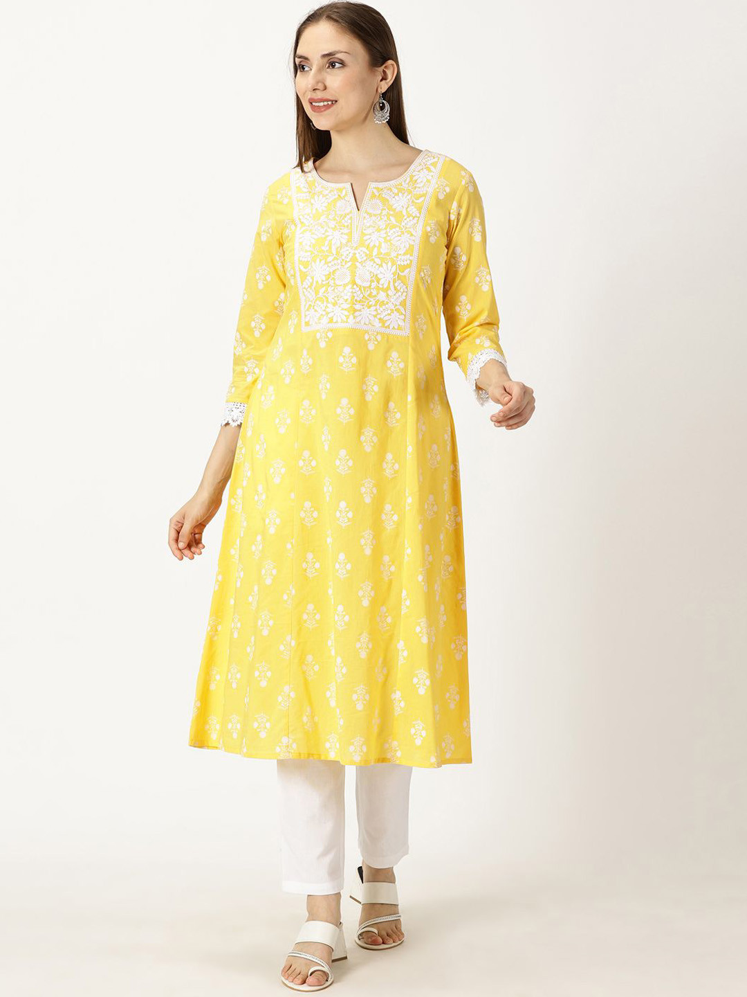 

Saffron Threads Floral Printed Chikankari Cotton A-Line Kurta, Yellow