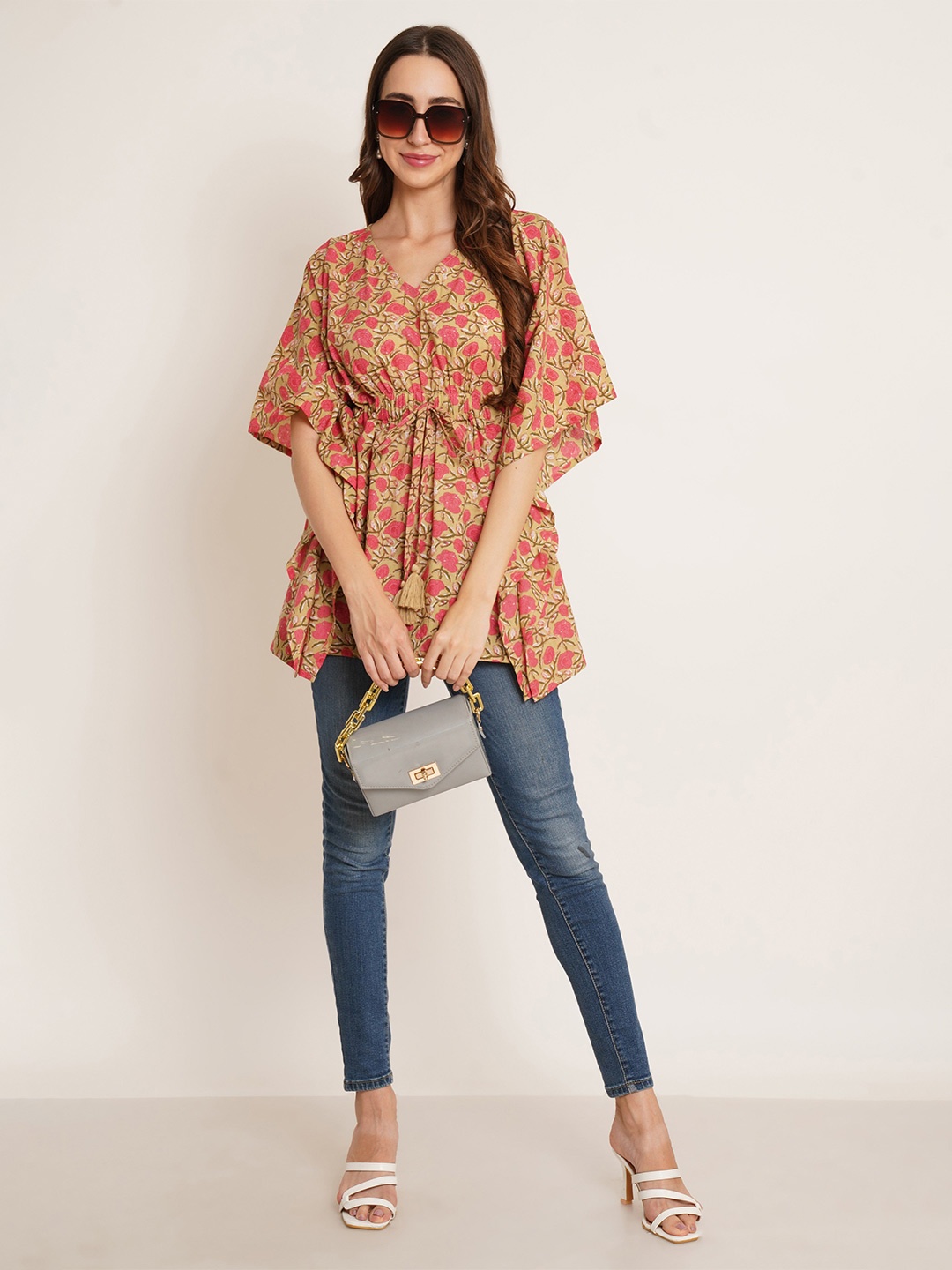 

KALINI Women Floral Printed V-Neck Pure Cotton Top, Beige