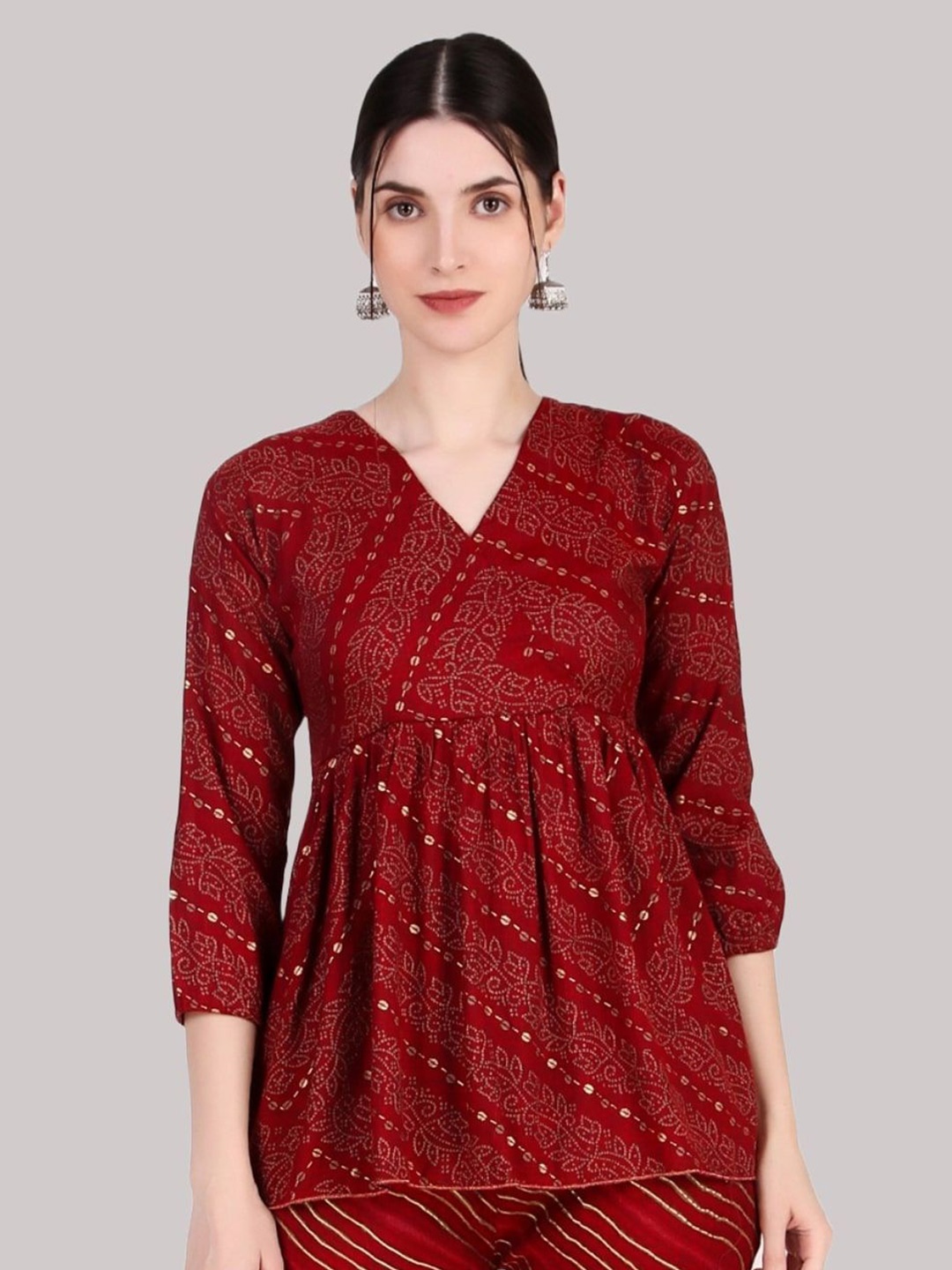 

FNOCKS Women Ethnic Printed V-Neck Cotton Top, Maroon