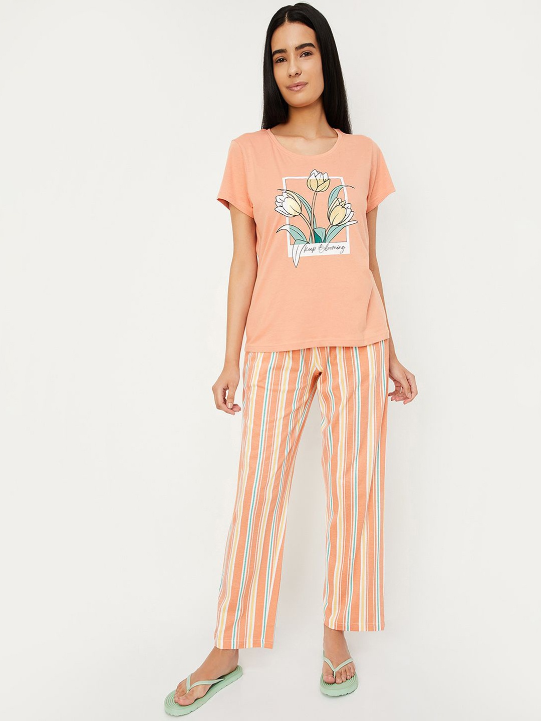 

max Women Printed Pure Cotton Night suit, Peach