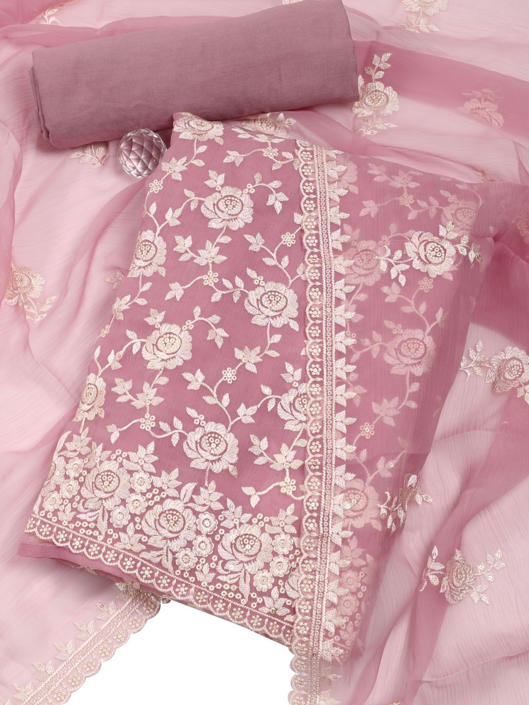 

Meena Bazaar Floral Embroidered Sequinned Unstitched Dress Material, Mauve