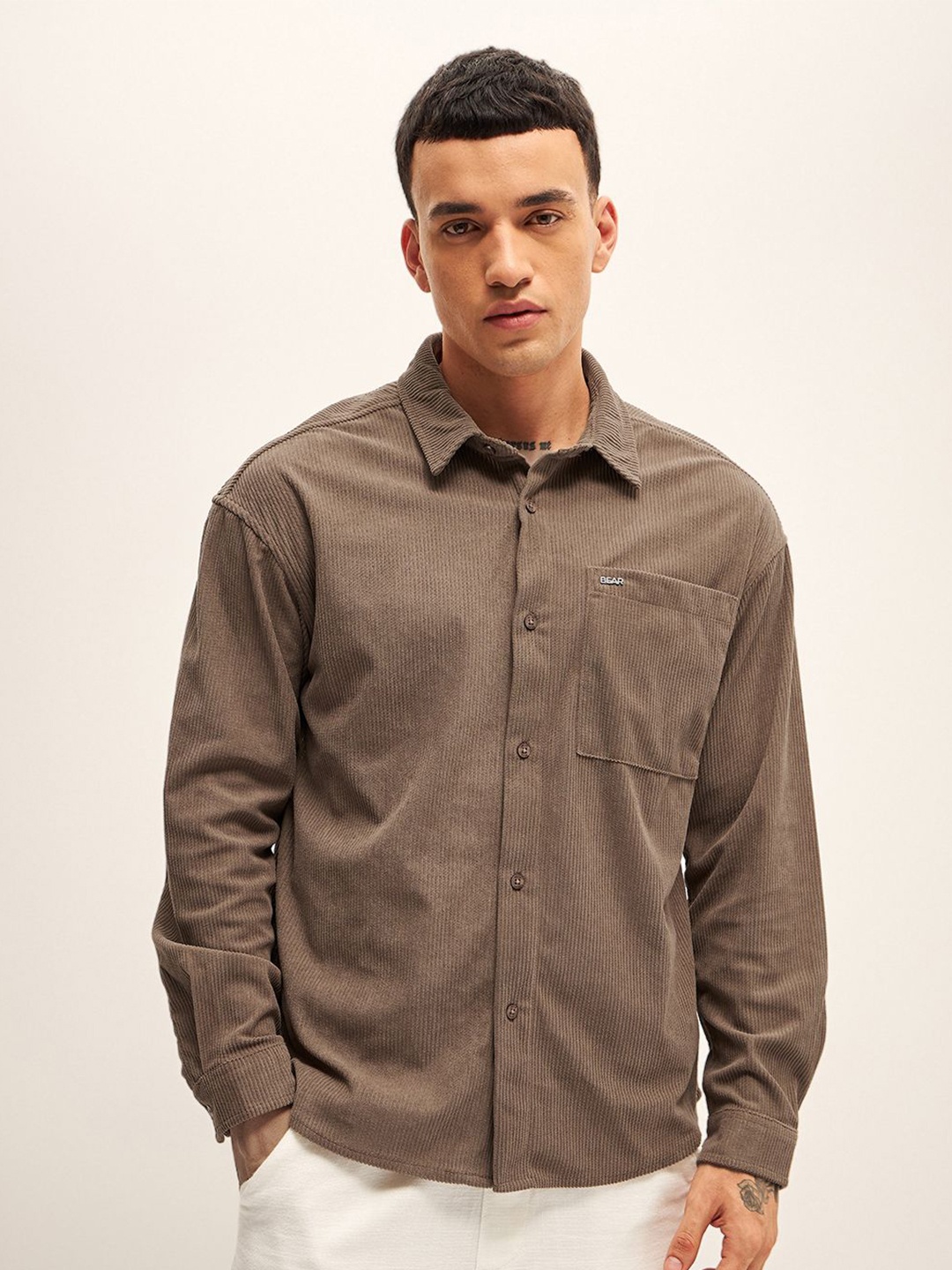 

THE BEAR HOUSE Men Corduroy Relax Fit Casual Shirt, Beige