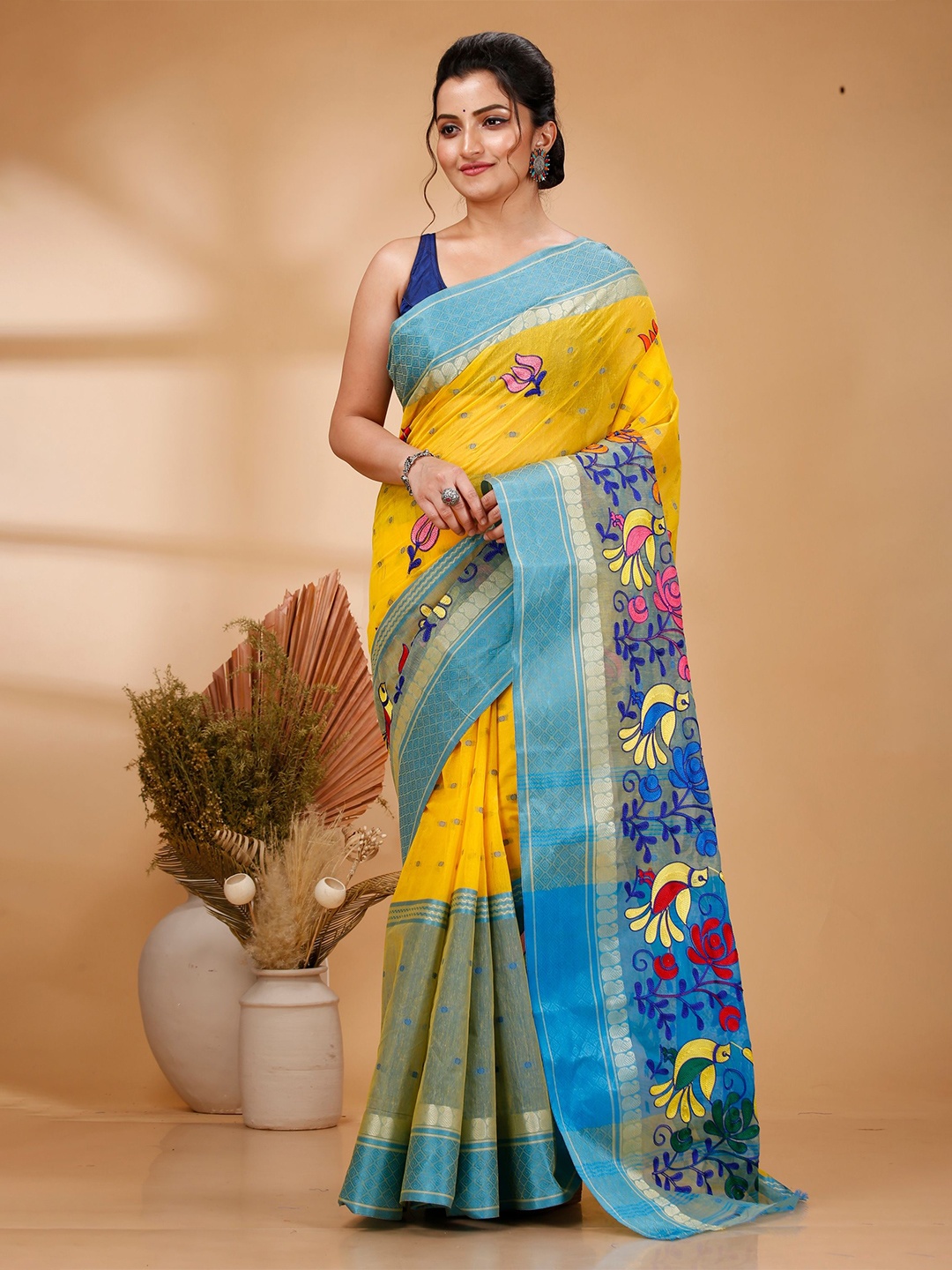 

PuJoy Woven Design Floral Zari Pure Cotton Taant Saree, Yellow