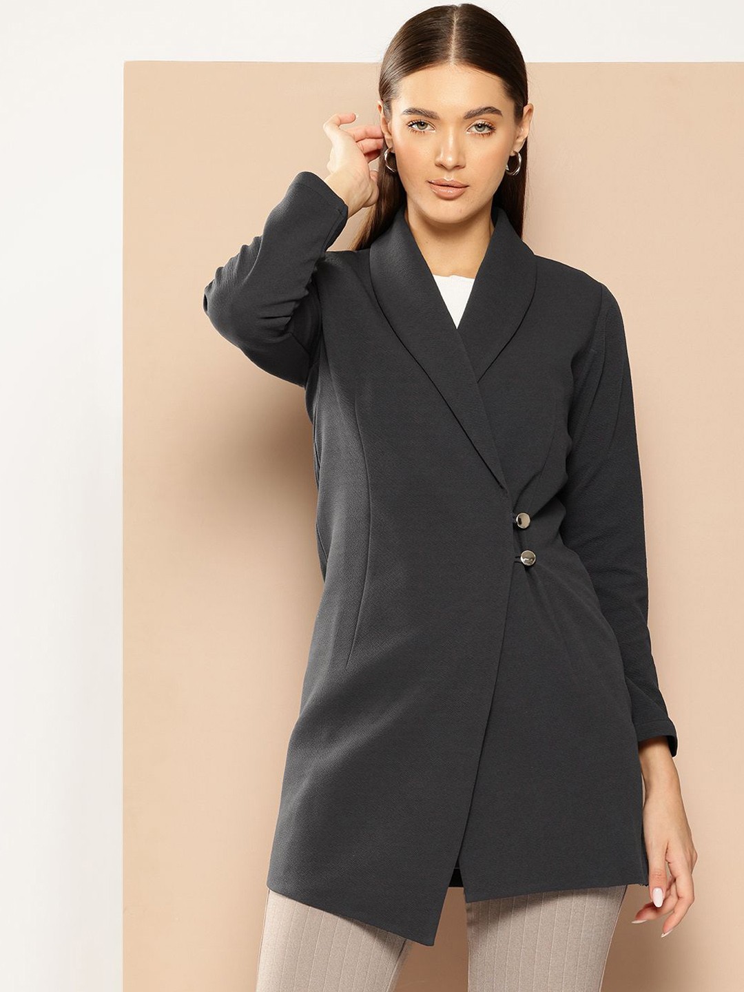 

WESTCLO Shawl Collar Double Breasted Longline Blazer, Grey