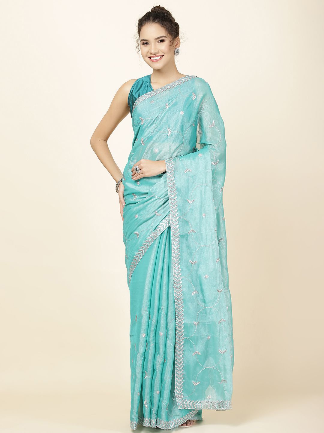 

Meena Bazaar Embroidered Ethnic Motifs Organza Saree, Sea green