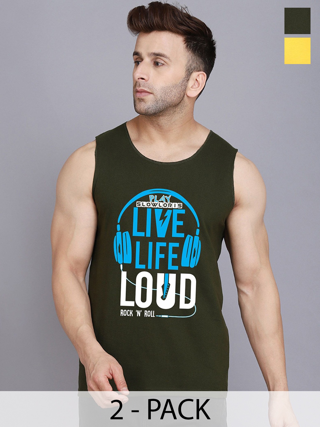 

SLOWLORIS Pack Of 2 Printed Gym Vests SL26 COMBO (LOUD OLIVE) (NVR YELLOW)
