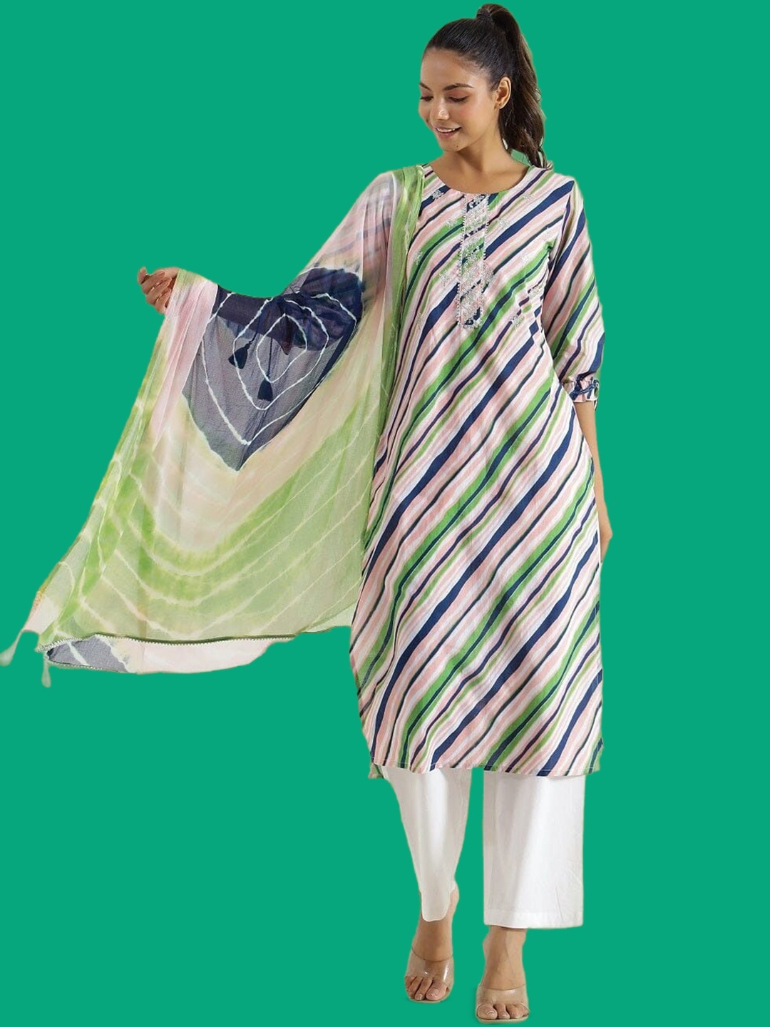 

Sangria Blue Leheriya Printed Thread Work Pure Cotton Kurta & Trouser With Dupatta