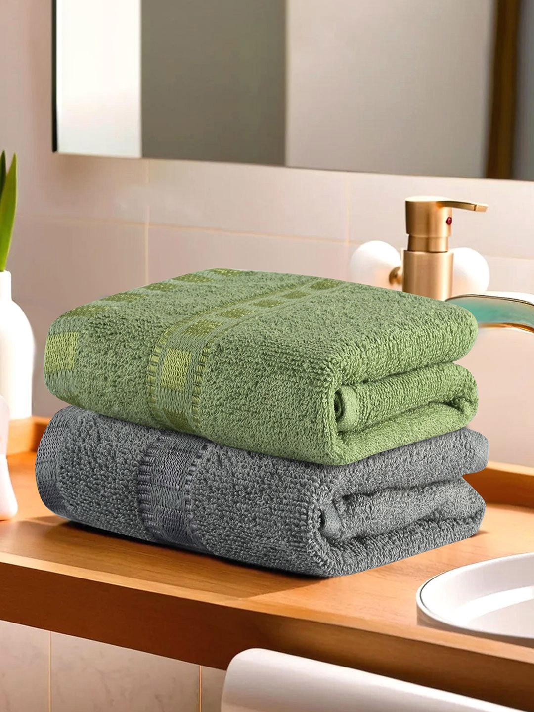 

Kuber Industries Green & Grey 2 Pcs Cotton Highly Absorbent 225 GSM Face Towel