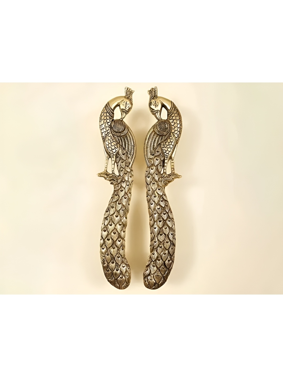 

Exotic India 9" Brass Pair of Peacock Design Door Handles, Gold