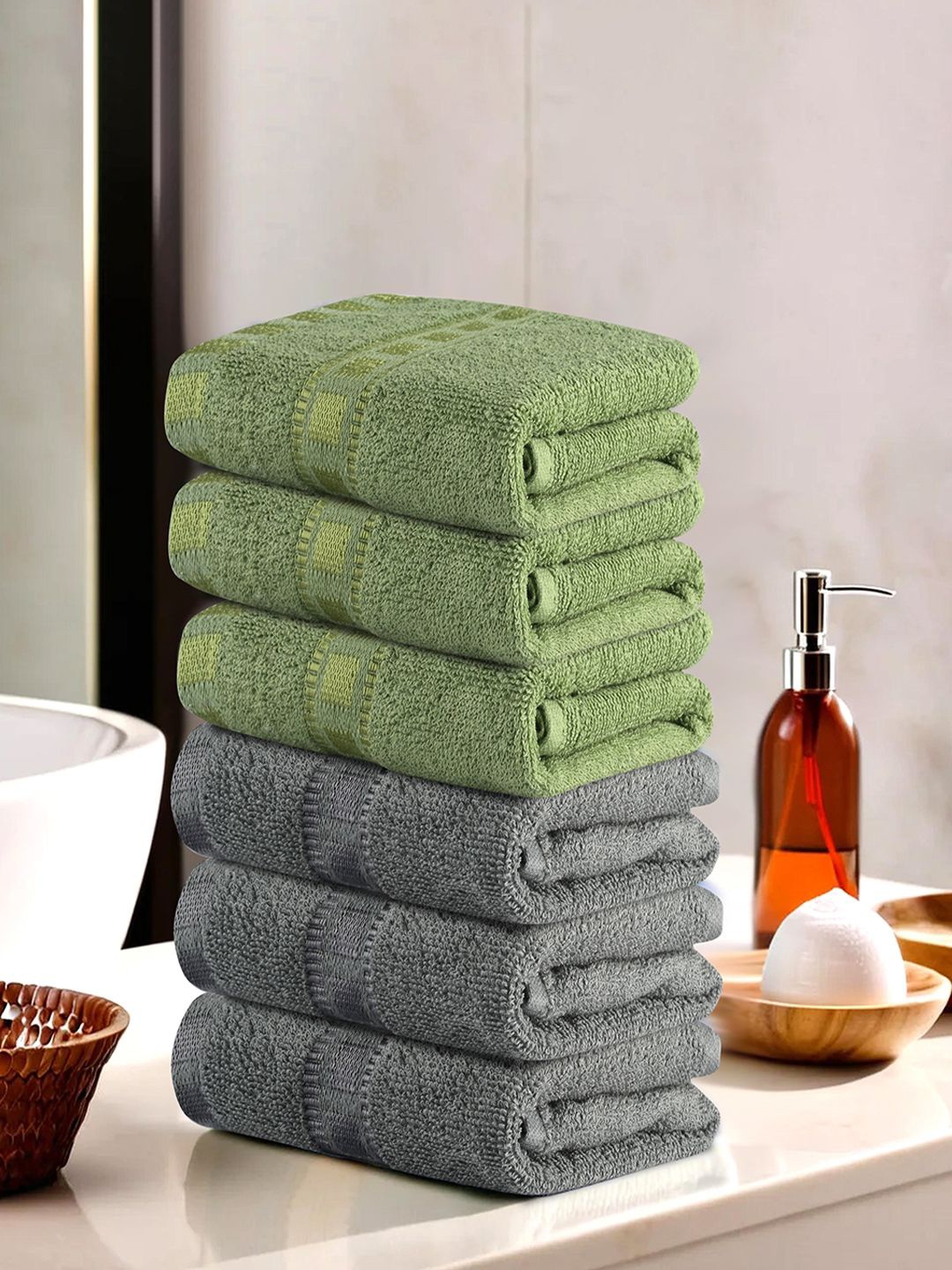 

Kuber Industries Grey & Green 6 Pieces 225 GSM Face Towels