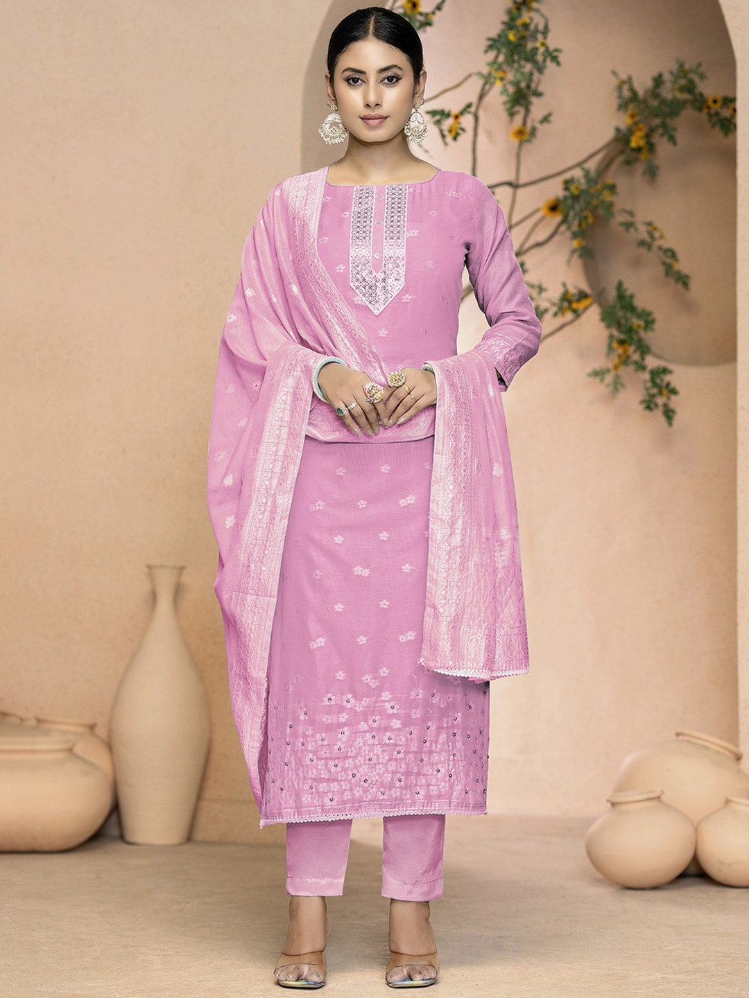 

MANVAA Ethnic Motifs Embellished Zari Unstitched Dress Material, Pink
