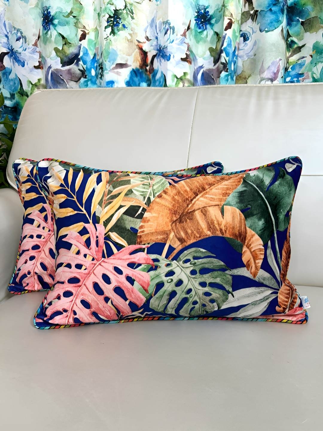

TARA- Sparkling Homes Blue & Green Set of 2 Floral Velvet Rectangle Cushion Covers
