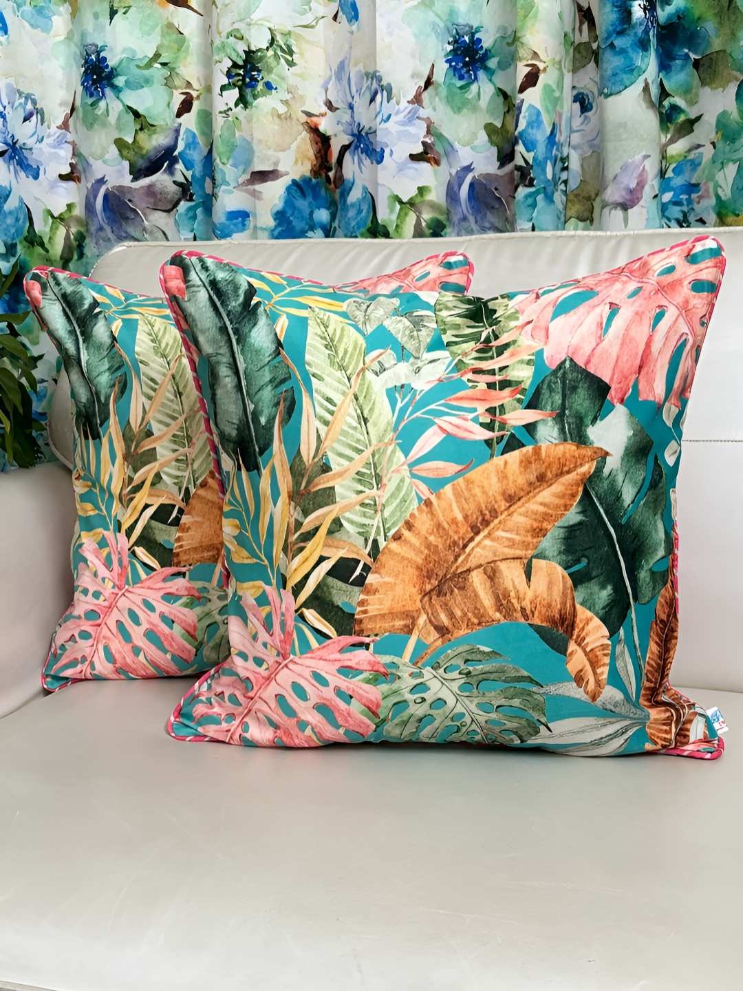 

TARA- Sparkling Homes Blue & Green Set of 2 Floral Velvet Square Cushion Covers