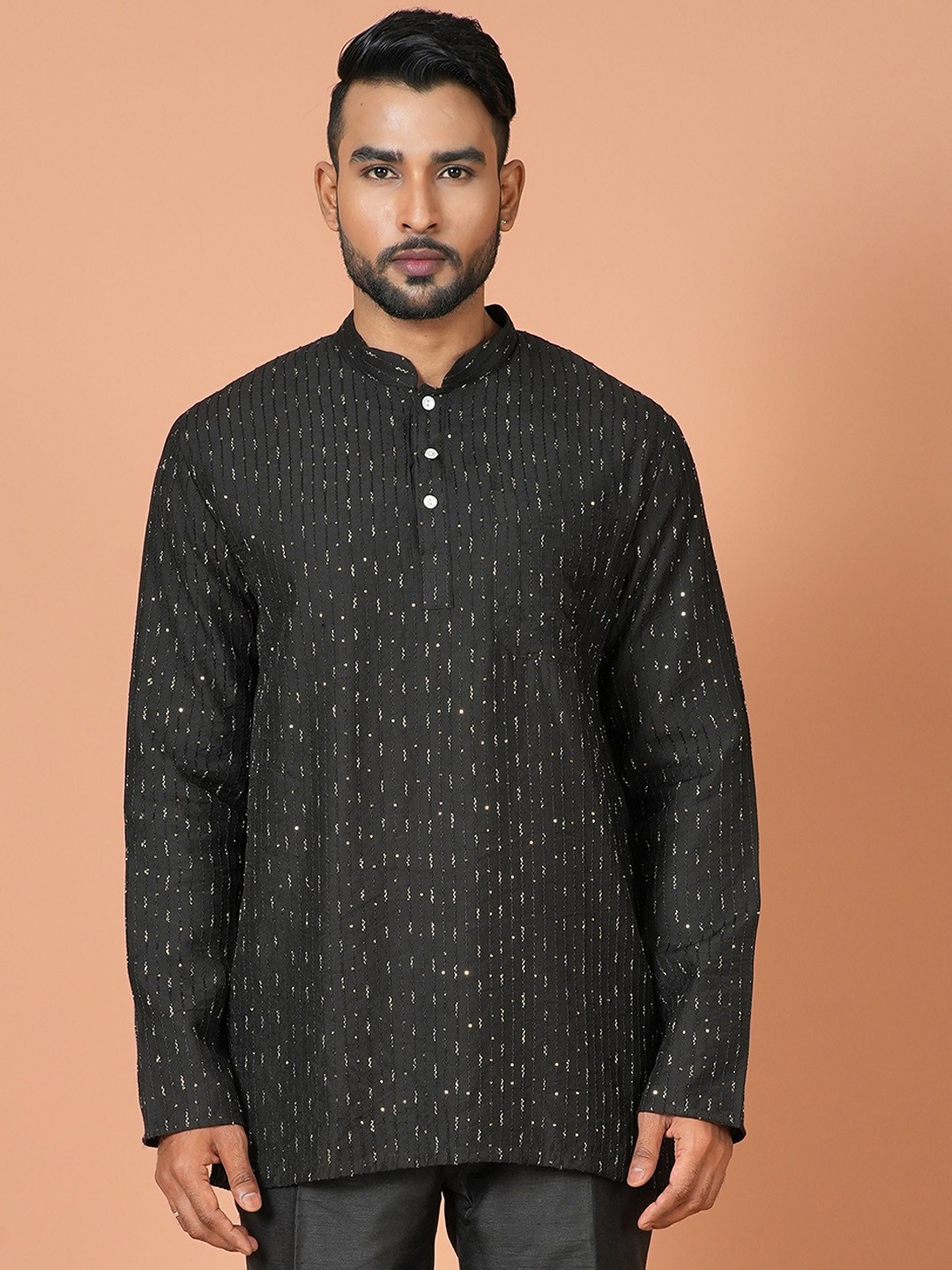 

Sayisha Striped Mandarin Collar Cotton Thread Work Short Kurta, Black