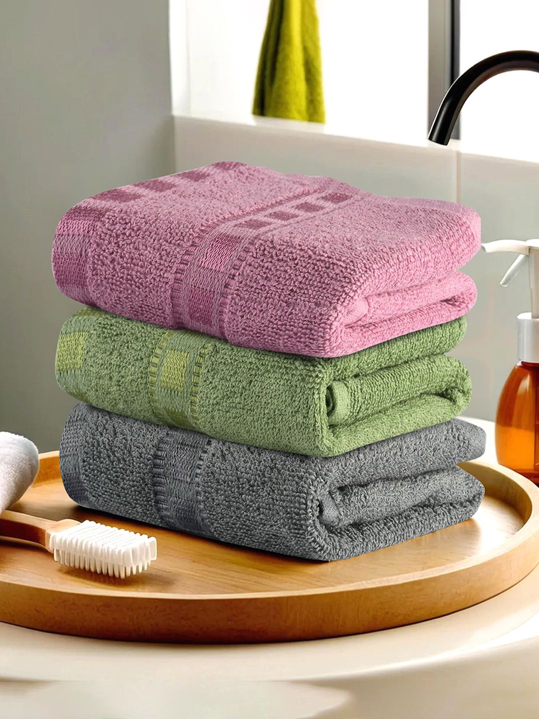 

Kuber Industries Pink & Grey 3 Pieces Cotton 225 GSM Anti Bacterial Face Towels