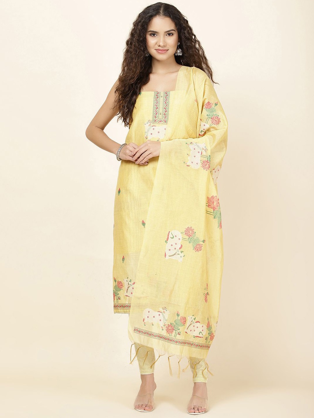 

Meena Bazaar Ethnic Motifs Woven Design Chanderi Unstitched Dress Material, Yellow