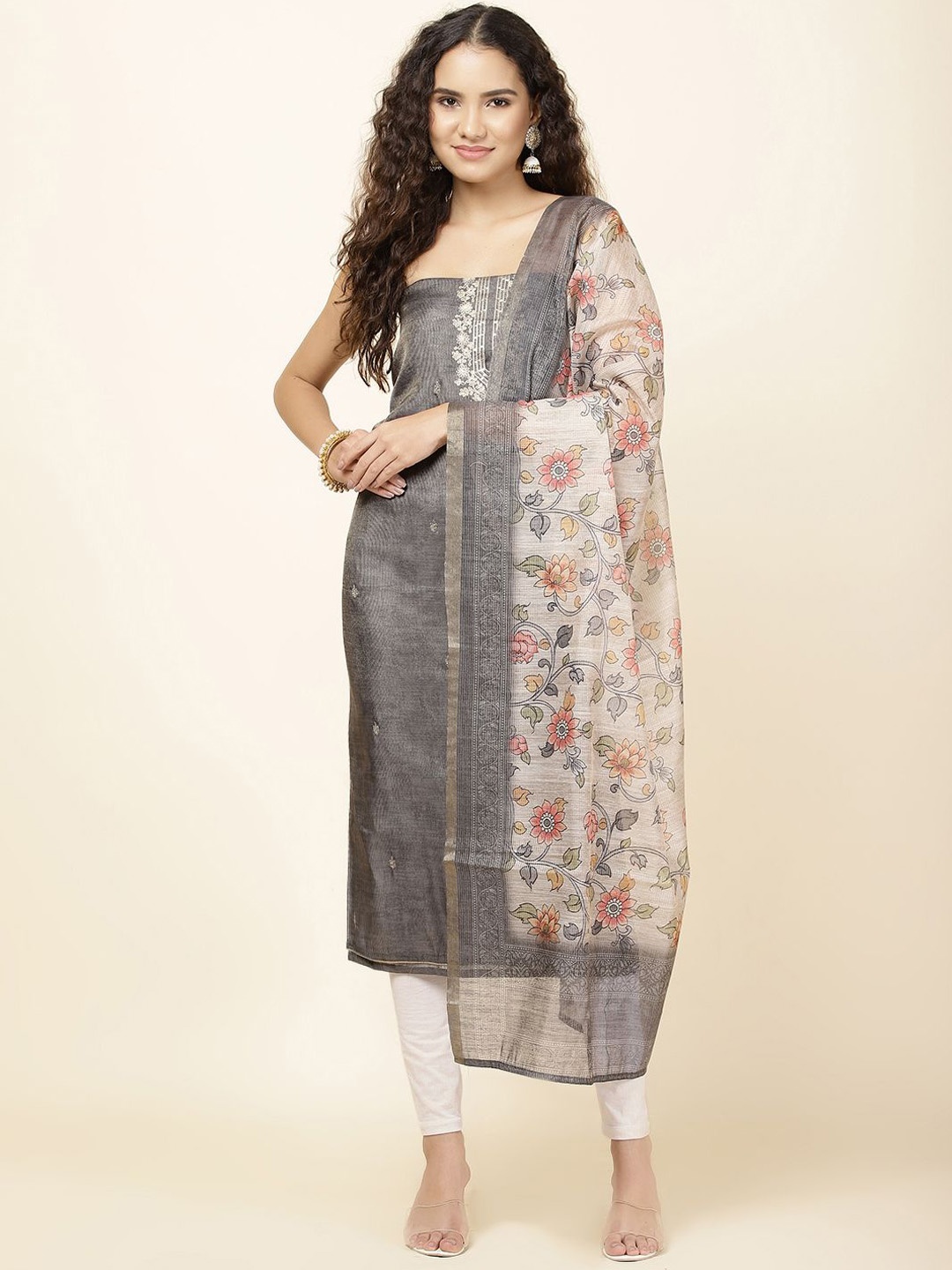 

Meena Bazaar Striped Embroidered Sequinned Chanderi Unstitched Dress Material, Grey