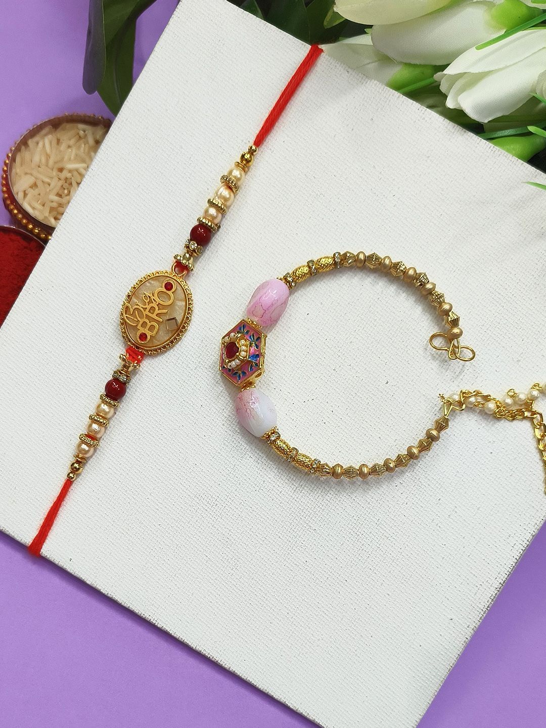

StileAdda Bhaiya Bhabhi Stones Studded & Beaded Thread Rakhi, Gold