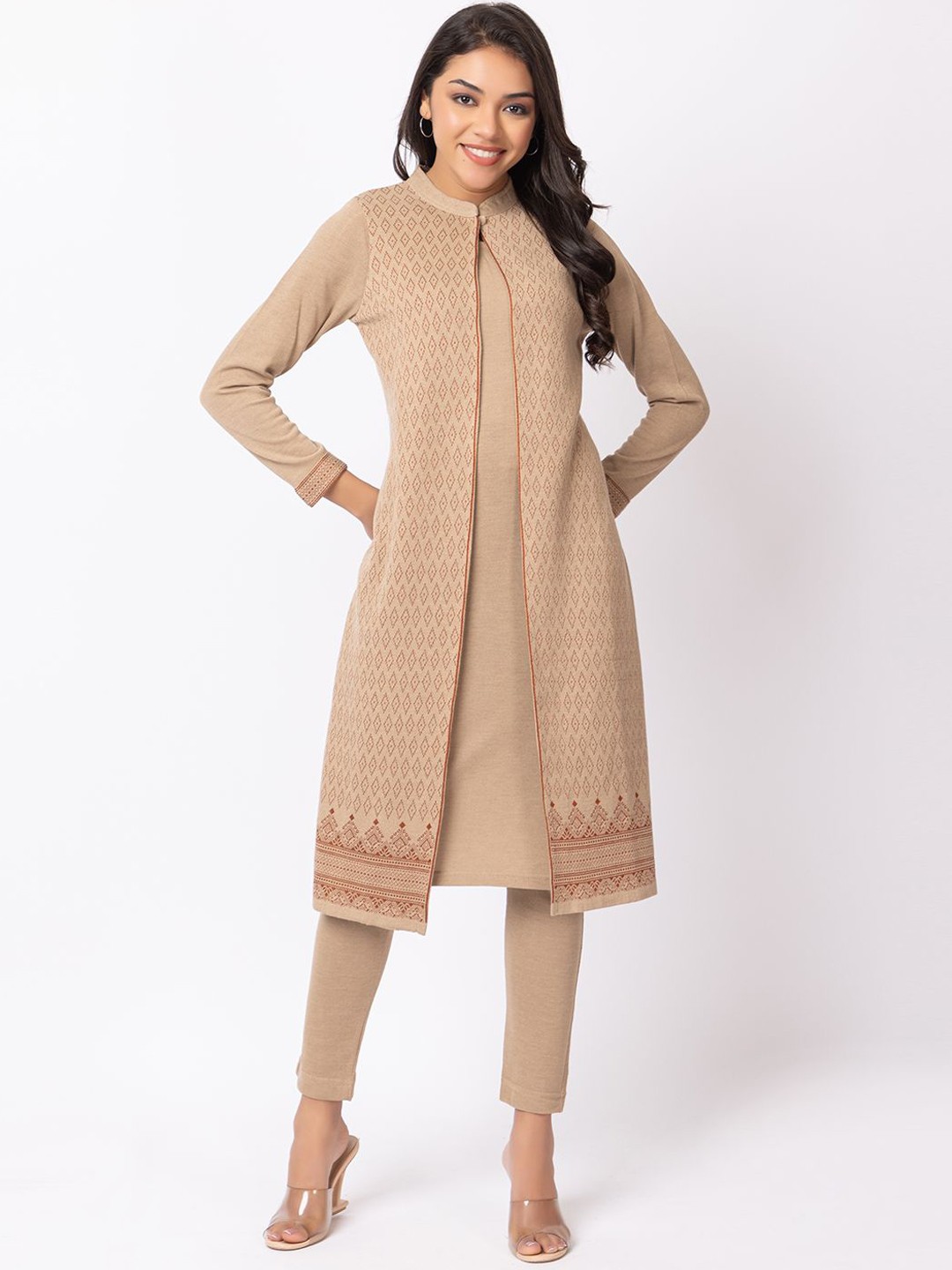 

Anouk Beige Geometric Printed Mandarin Collar Jacquard Winter Wear Straight Kurta With Trousers