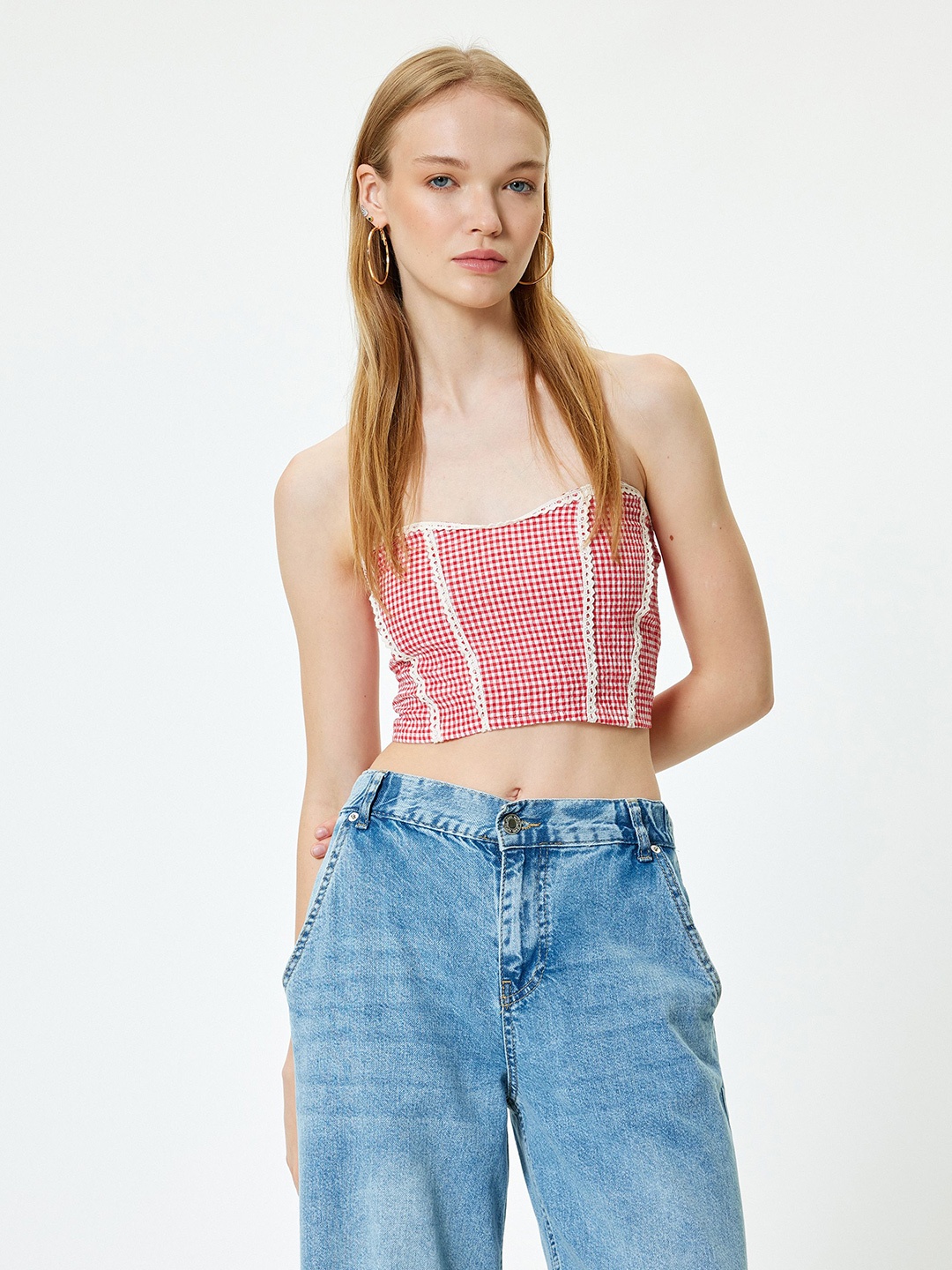 

Koton Women Micro Checked Tube Crop Top, Red