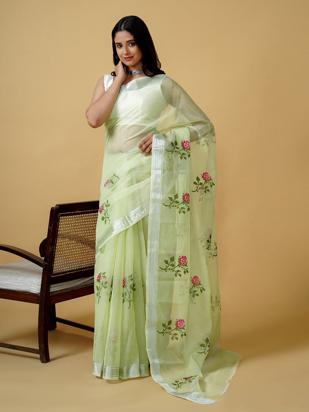 

TEEJH Floral Zari Supernet Kota Saree, Green