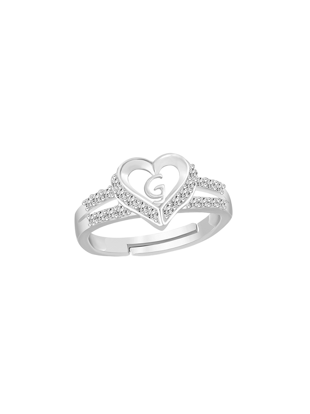 

Lila Silver Plated Cubic Zirconia Studded Heart Shaped Alphabet G Finger Ring