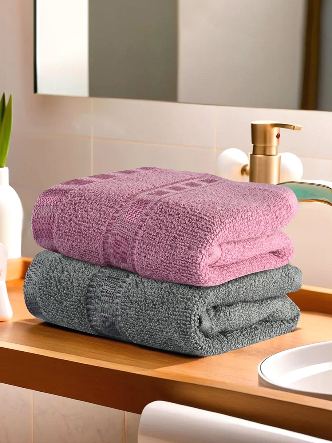 

Kuber Industries Grey & Pink 2 Pieces Cotton Highly Absorbent 225 GSM Face Towel