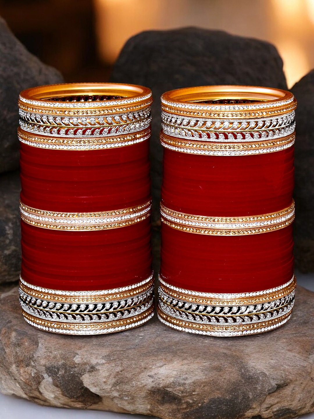 

LUCKY JEWELLERY Set Of 74 American Diamond Stone Studded Bangles, Maroon