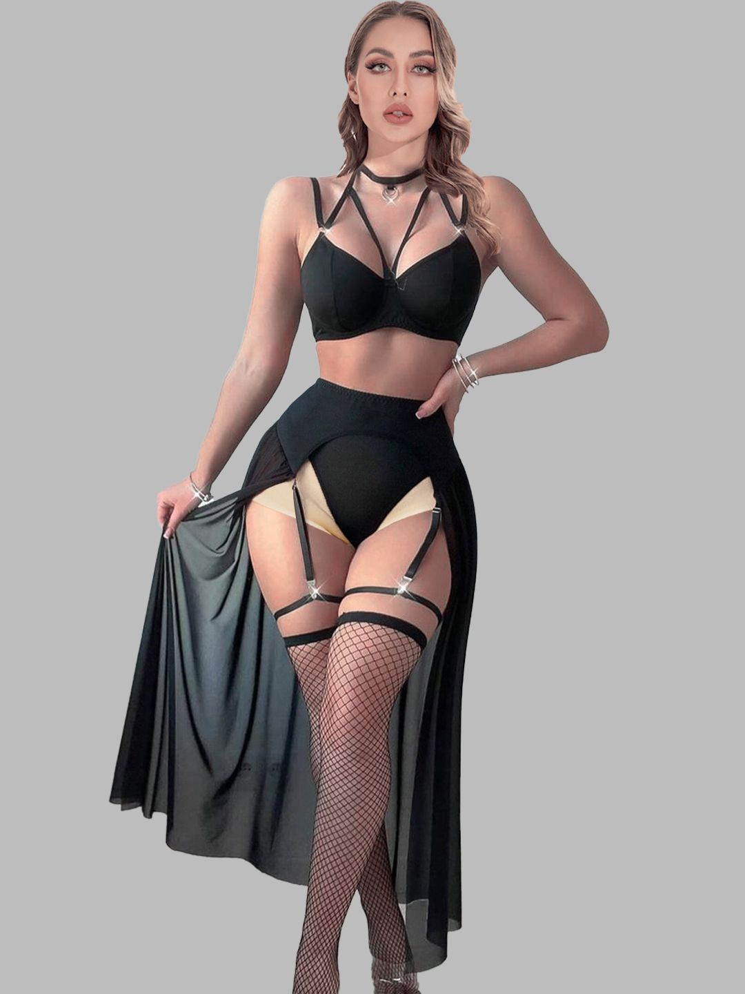 

KRENOZ Net Non Padded Lingerie Set, Black
