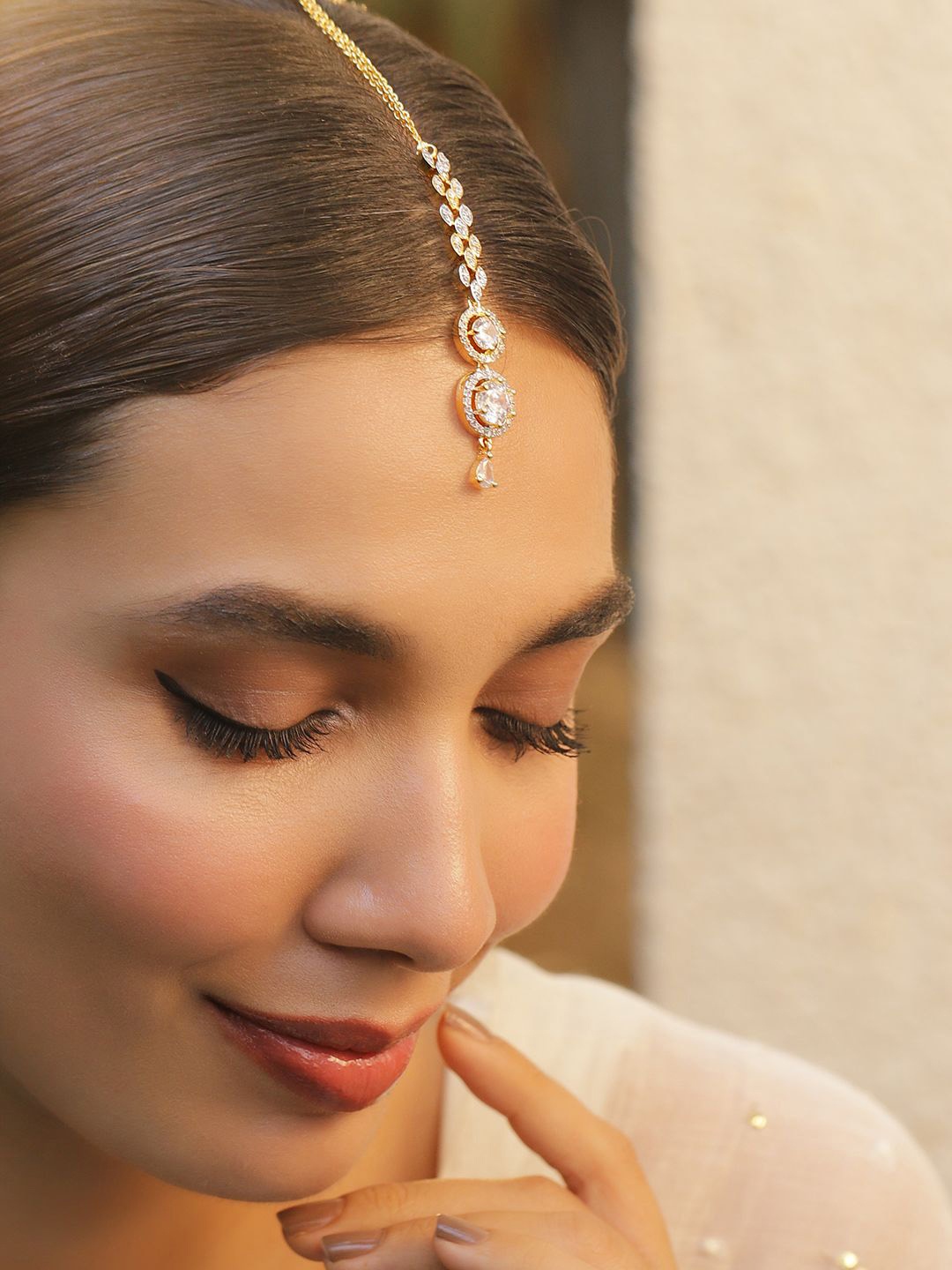 

Rubans 22KT Gold-Plated Cubic Zirconia & American Diamond Maang Tikka Head Jewellery