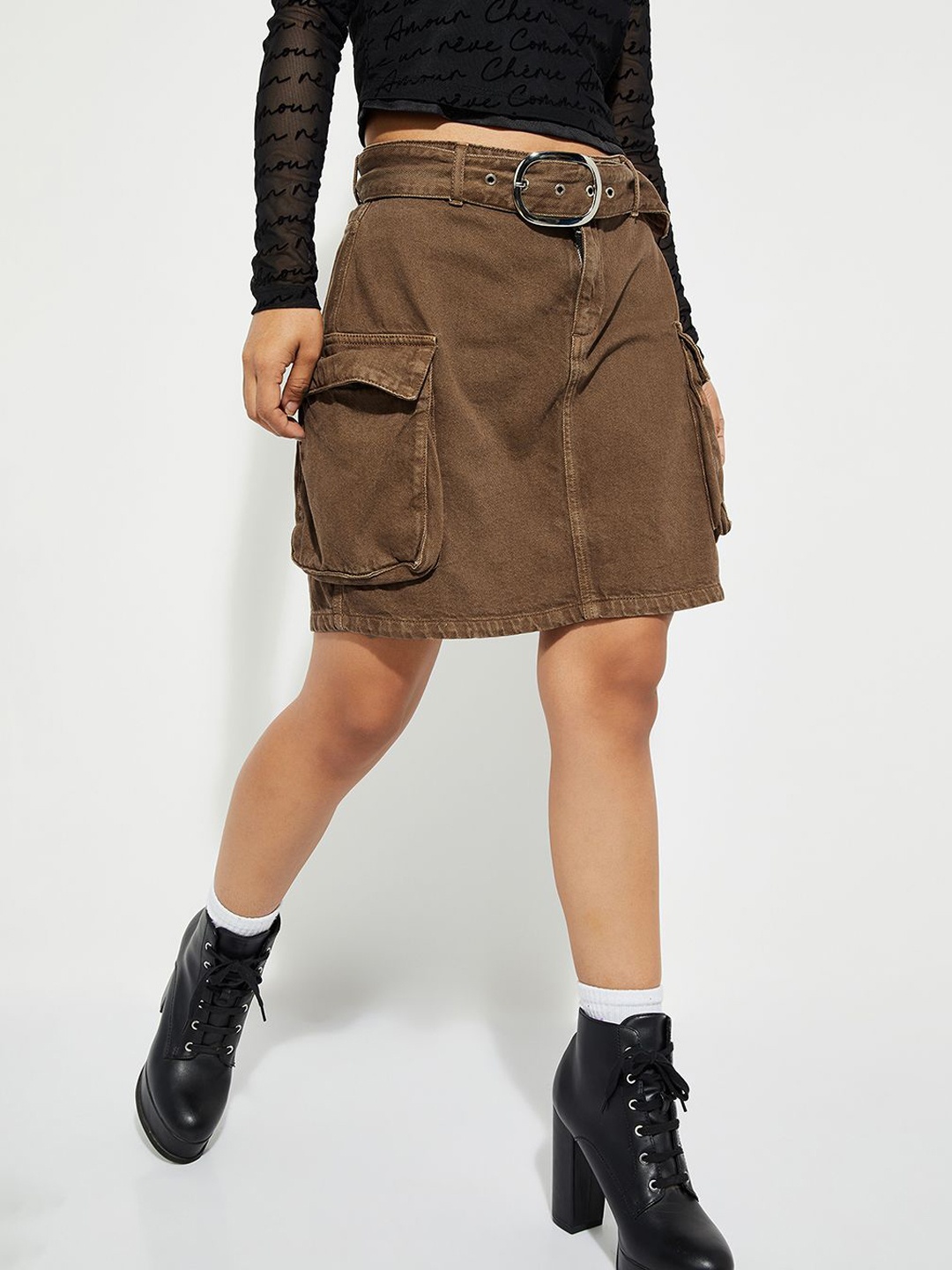 

max URB_N Women Cargo Denim Skirt, Brown