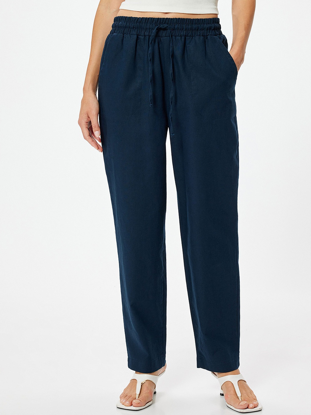 

Koton Women Regular Fit High-Rise Flat-Front Trousers, Navy blue