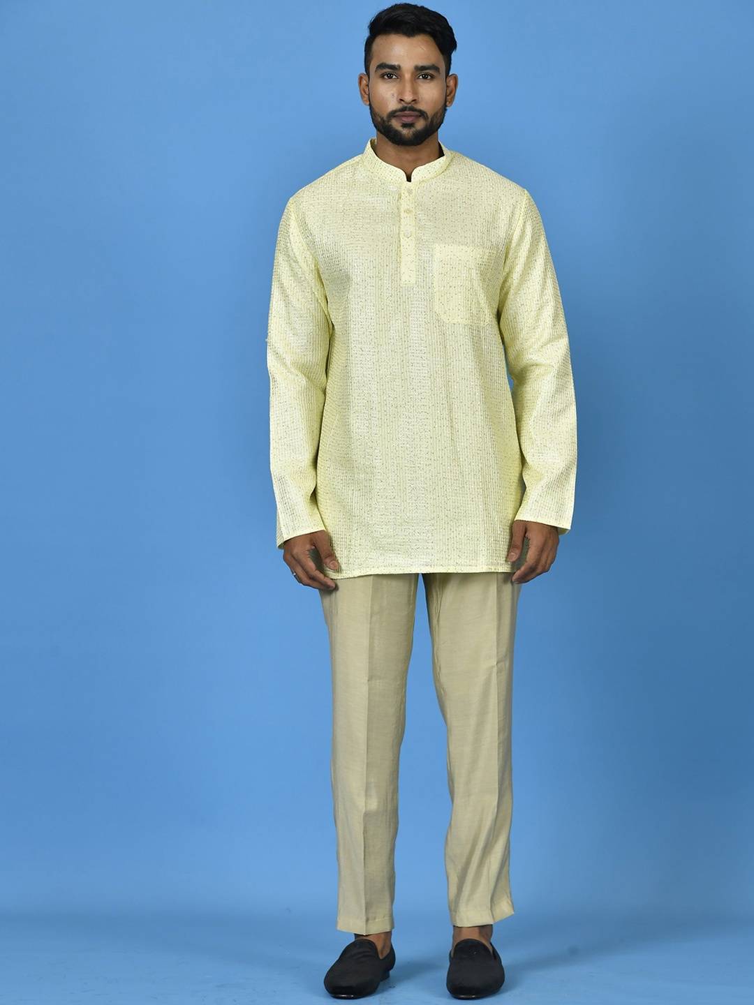 

Sayisha Striped Mandarin Collar Sequins Straight Short Kurta, Yellow