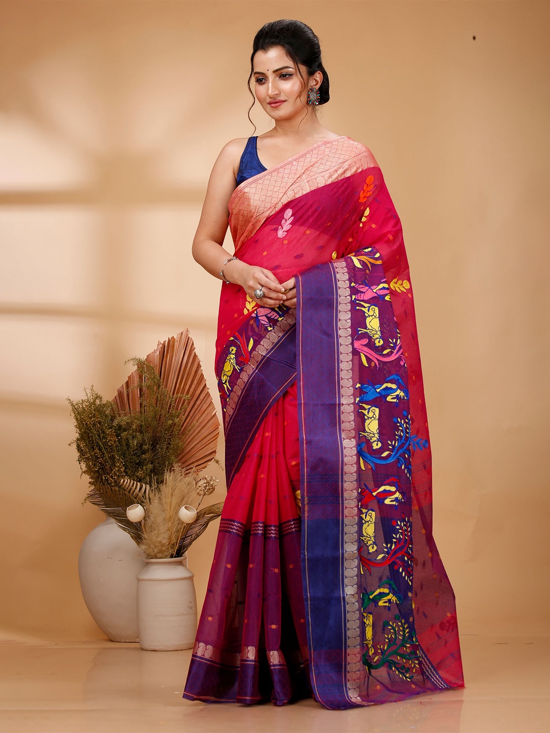 

PuJoy Woven Design Ethnic Motifs Zari Pure Cotton Taant Saree, Red