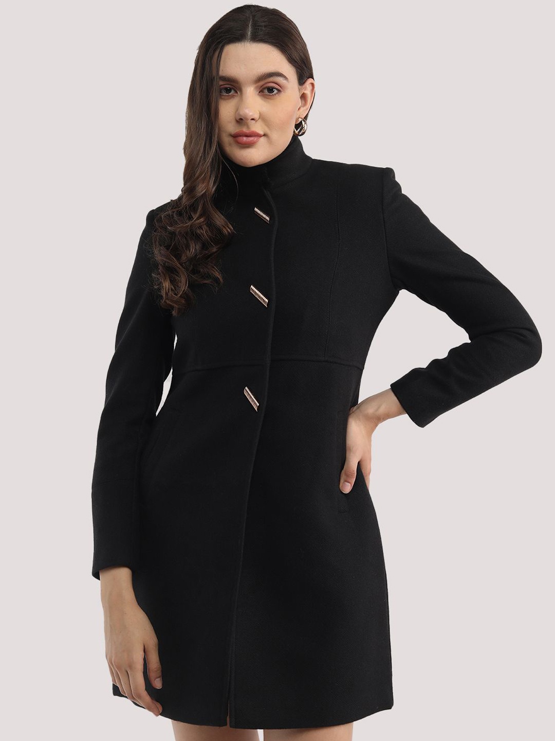

PROTEX Women Solid Single Breasted Winter Woollen Overcoat, Black
